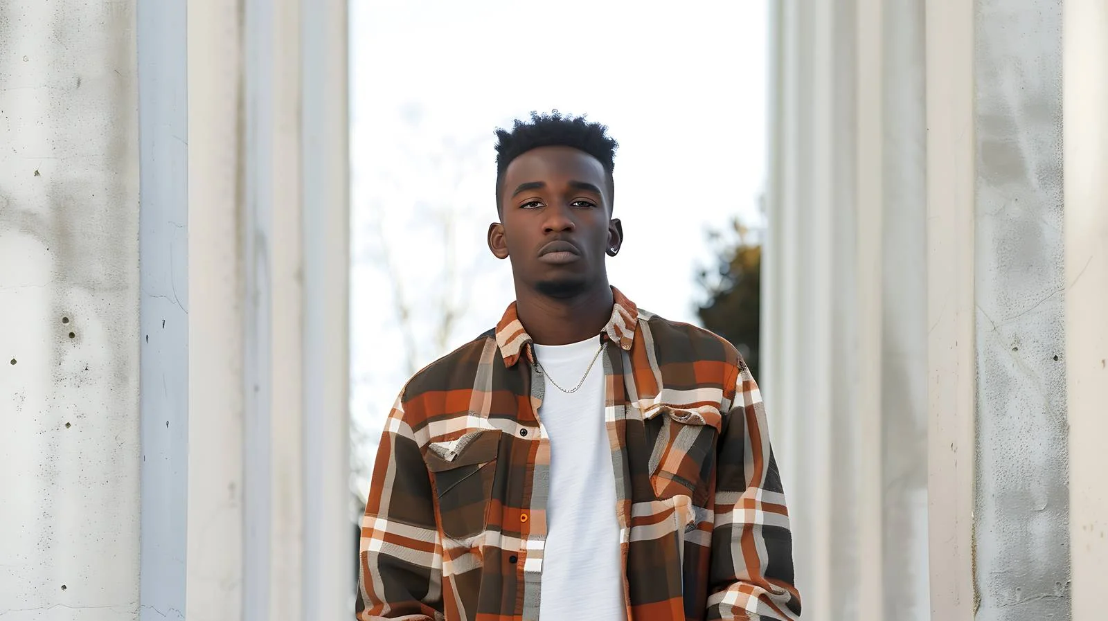 Confident young African man among concrete pillars — free download from Dotvec