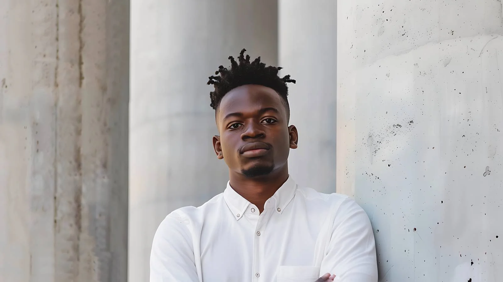 Confident young black man amid concrete pillars — free download from Dotvec