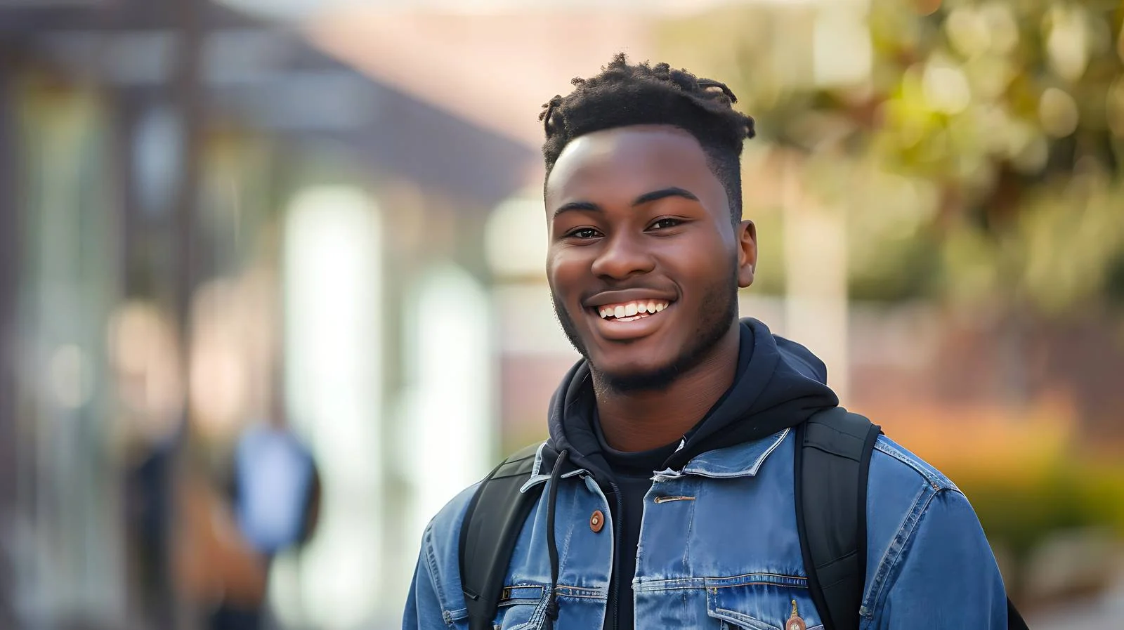 Joyful young black student standing outdoors — free download from Dotvec