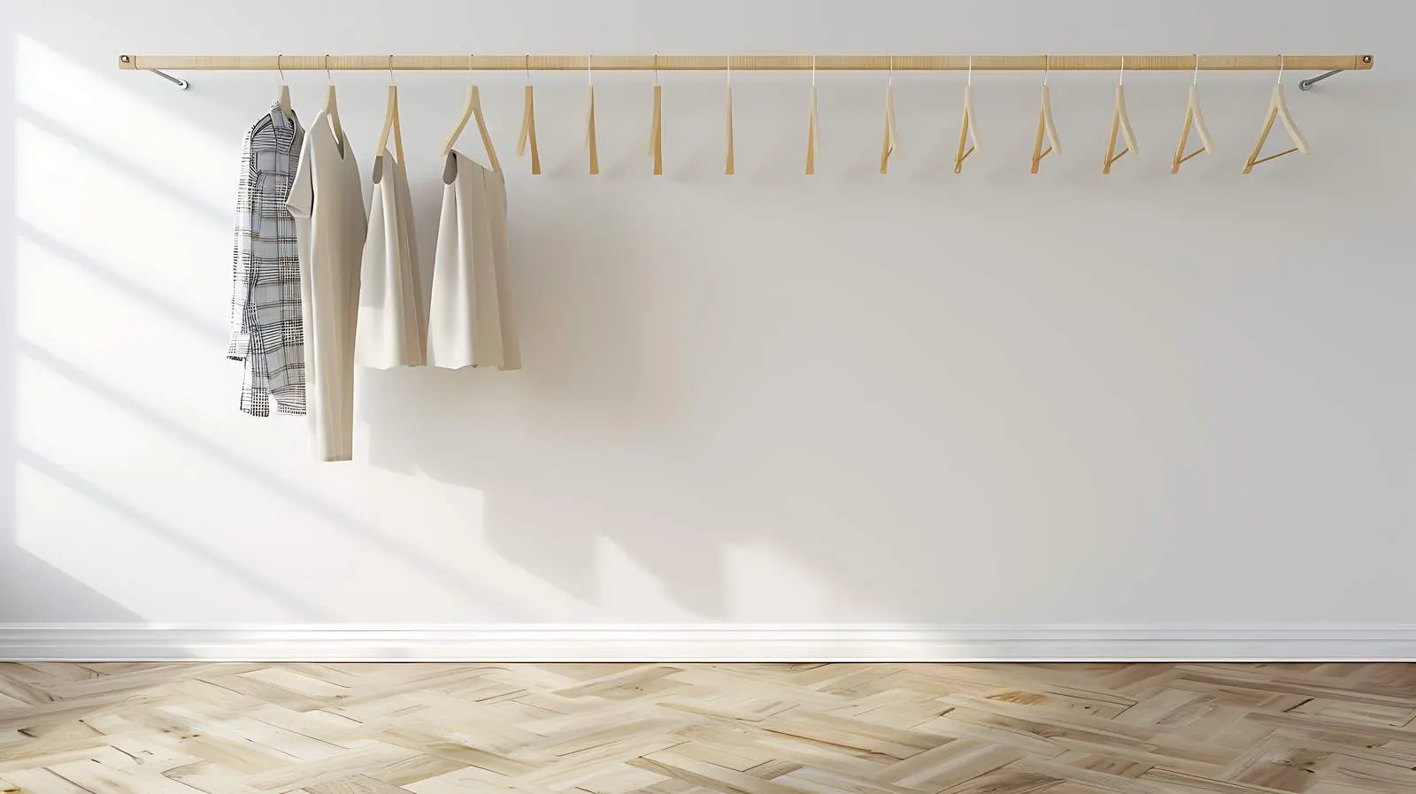 Minimalist Hangers on Wooden Floor Against White Wall — free download from Dotvec