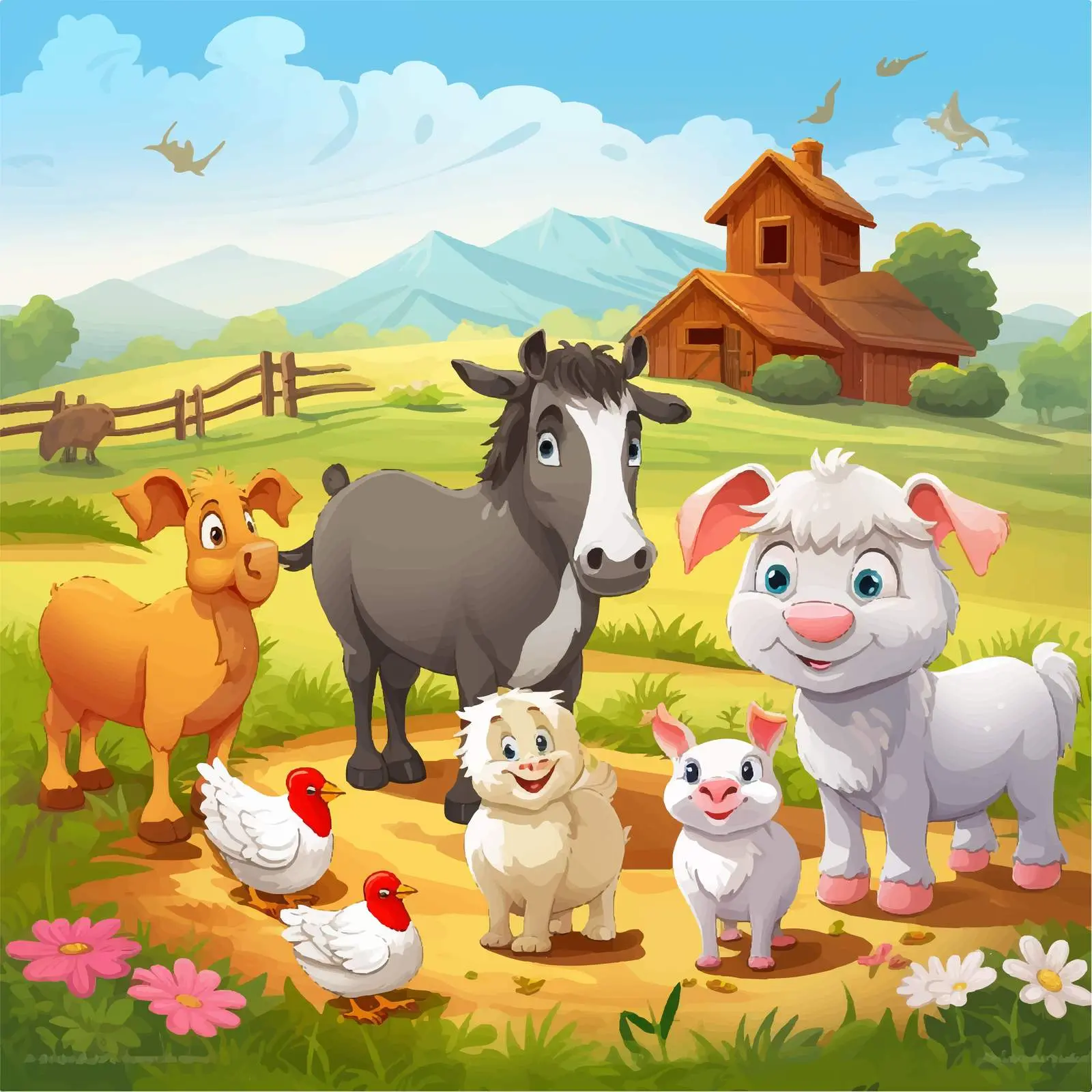Happy Cartoon Farm Animals Illustration – free rural scenery image from Dotvec