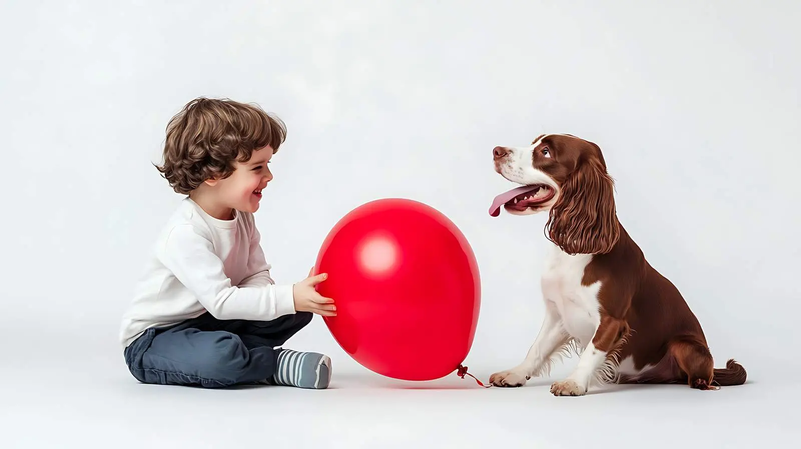 Happy Boy Playing with Russian Spaniel and Balloon – free youthful energy image from Dotvec