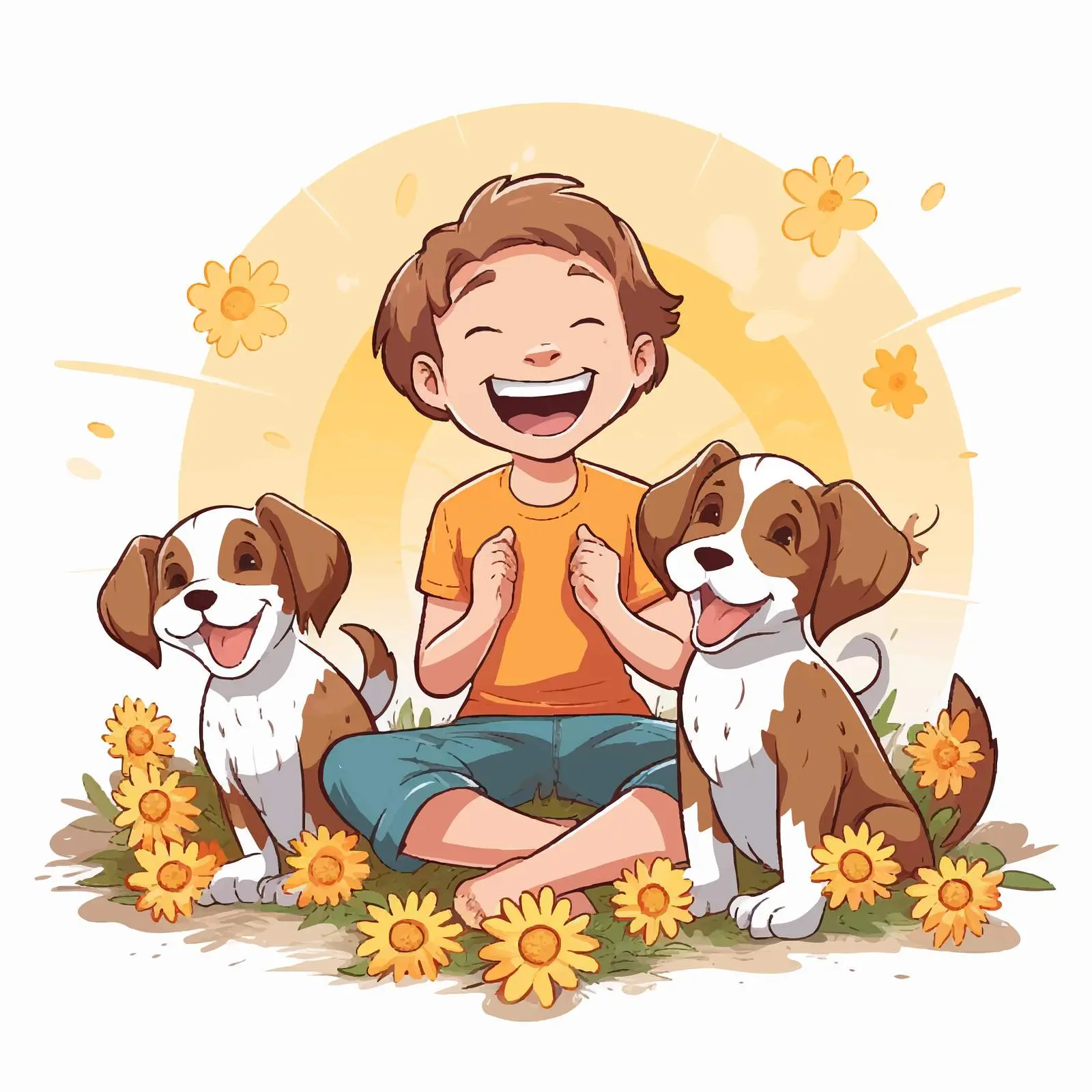 Happy Boy Playing with Dogs in Flowers — free download from Dotvec