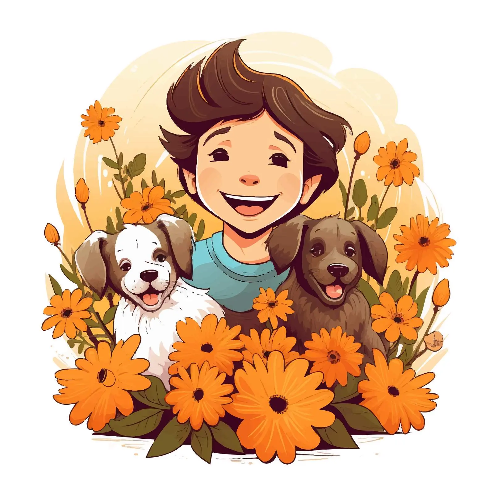 Happy Boy with Dogs in Flower Garden Vector — free download from Dotvec