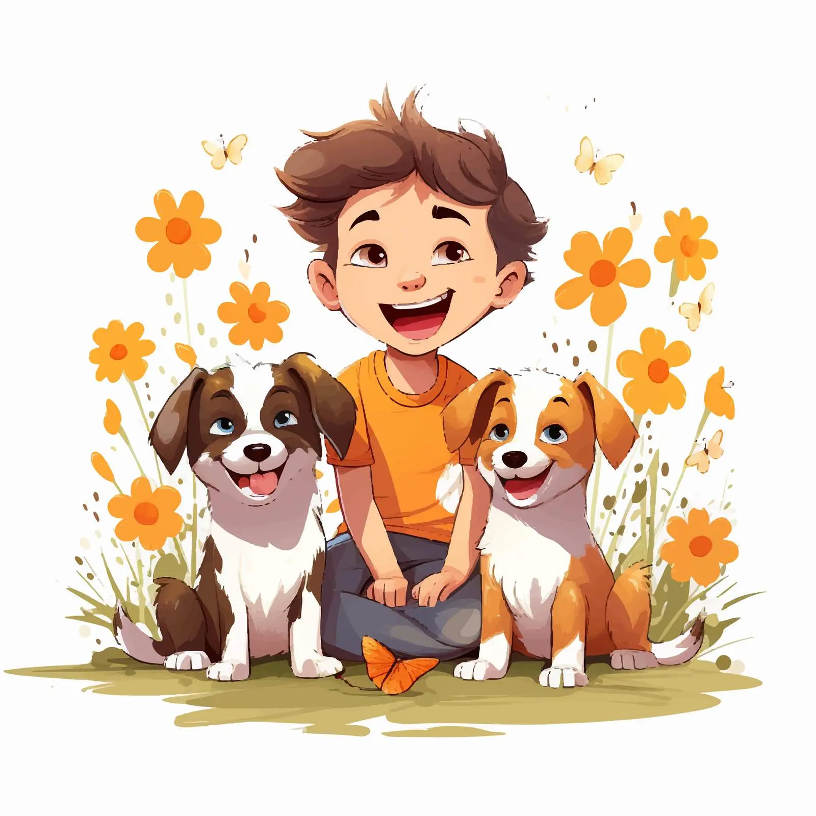 Boy Playing with Dogs in Colorful Flowers — free download from Dotvec