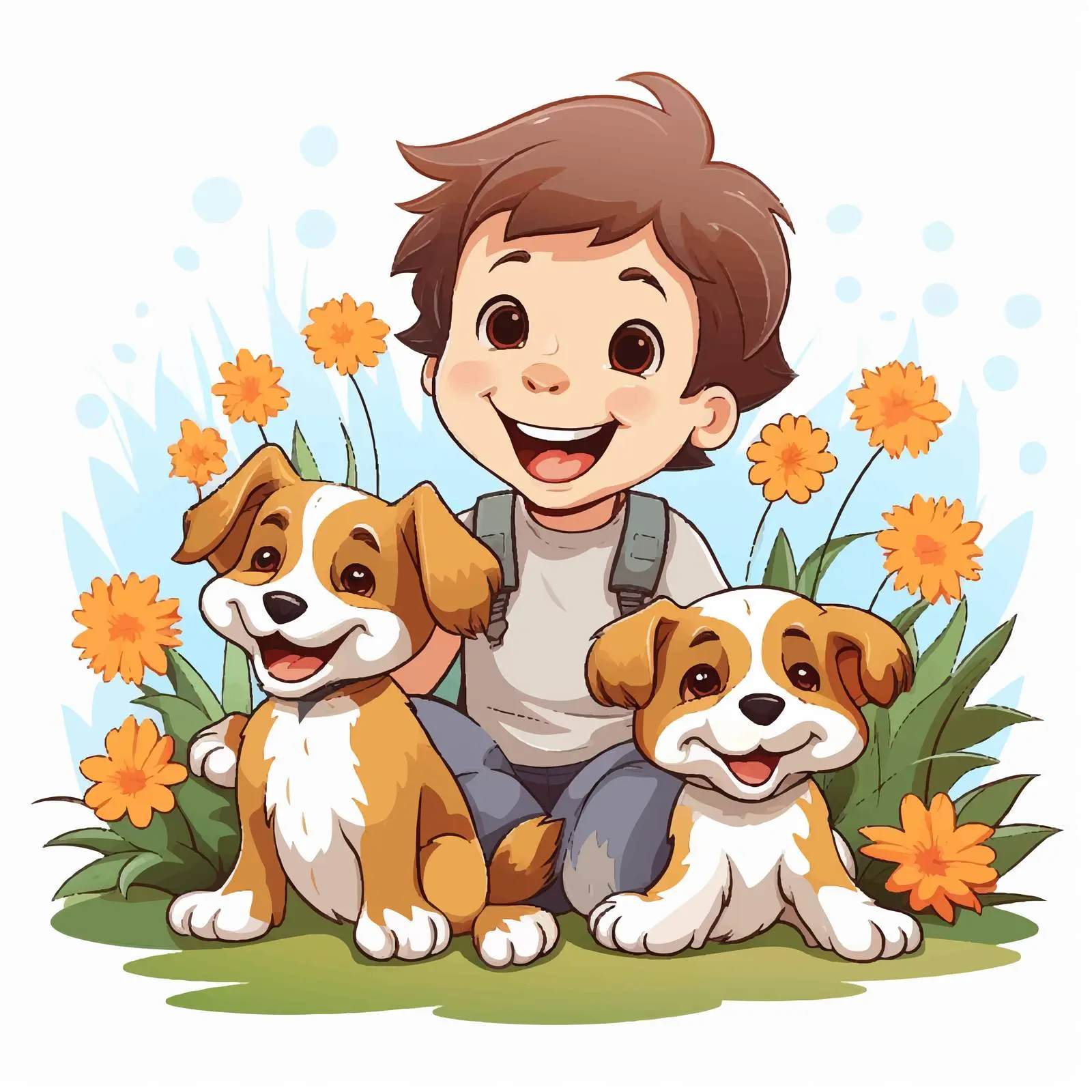 Joyful Boy with Two Dogs in Flower Field — free download from Dotvec