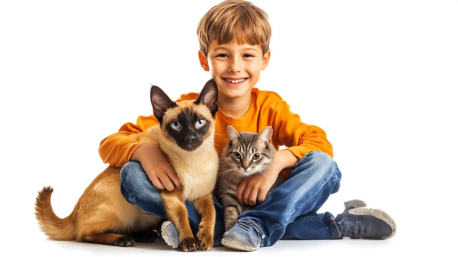 Happy Boy with Dog and Cat on White Background – free youthful energy image from Dotvec