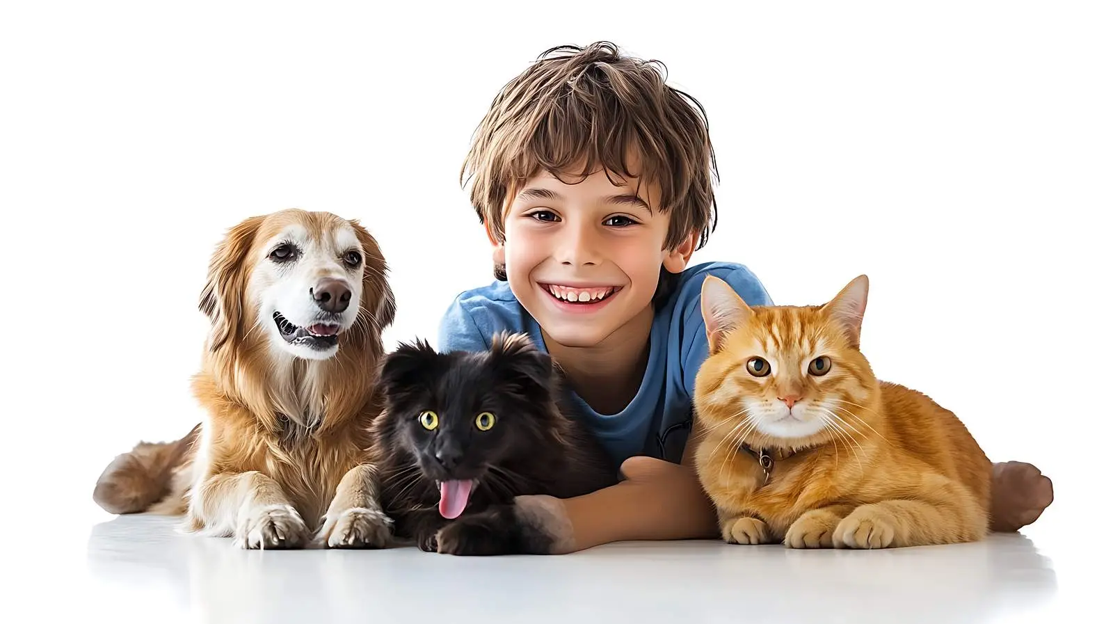 Happy Boy with Dog and Cat on White Background — free download from Dotvec