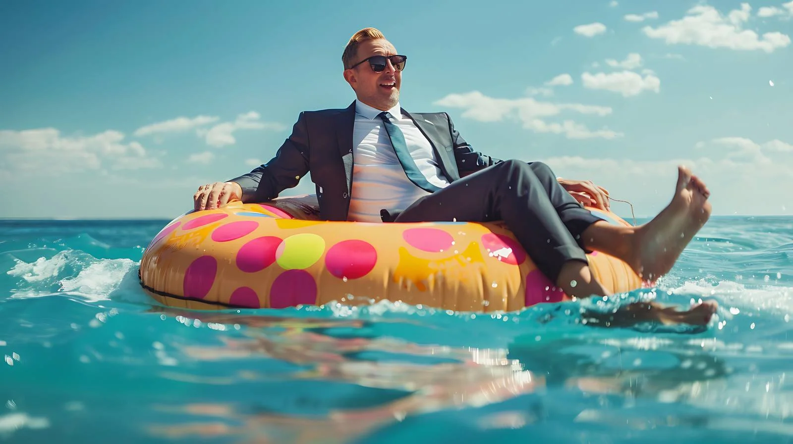 Joyful Businessman Balancing on Inflatable Donut — free download from Dotvec