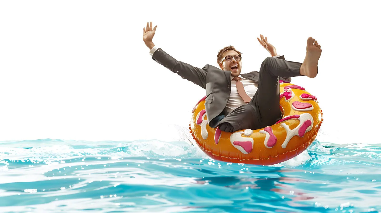 Cheerful Businessman Riding Inflatable Donut – free flippers image from Dotvec