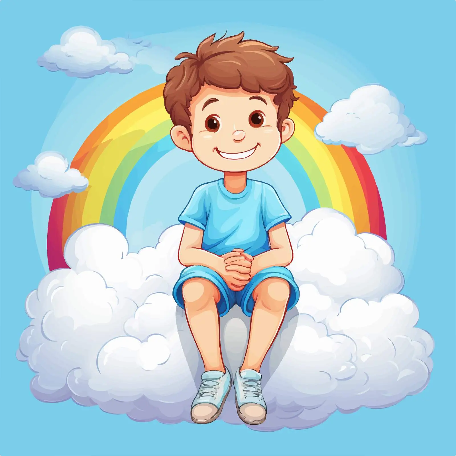 Happy Cartoon Boy Sitting on Cloud with Rainbow — free download from Dotvec