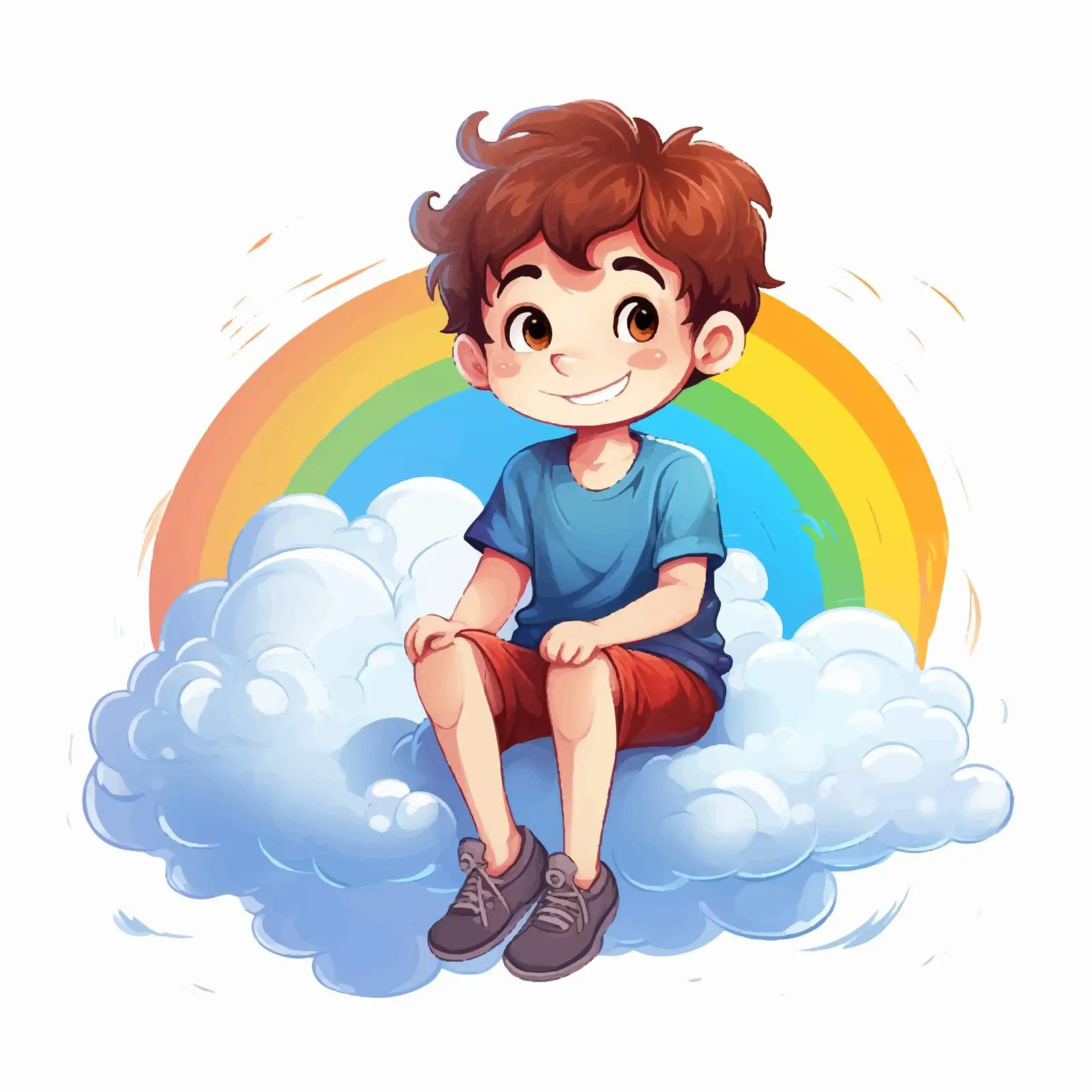 Cartoon Boy Sitting on Cloud with Rainbow — free download from Dotvec
