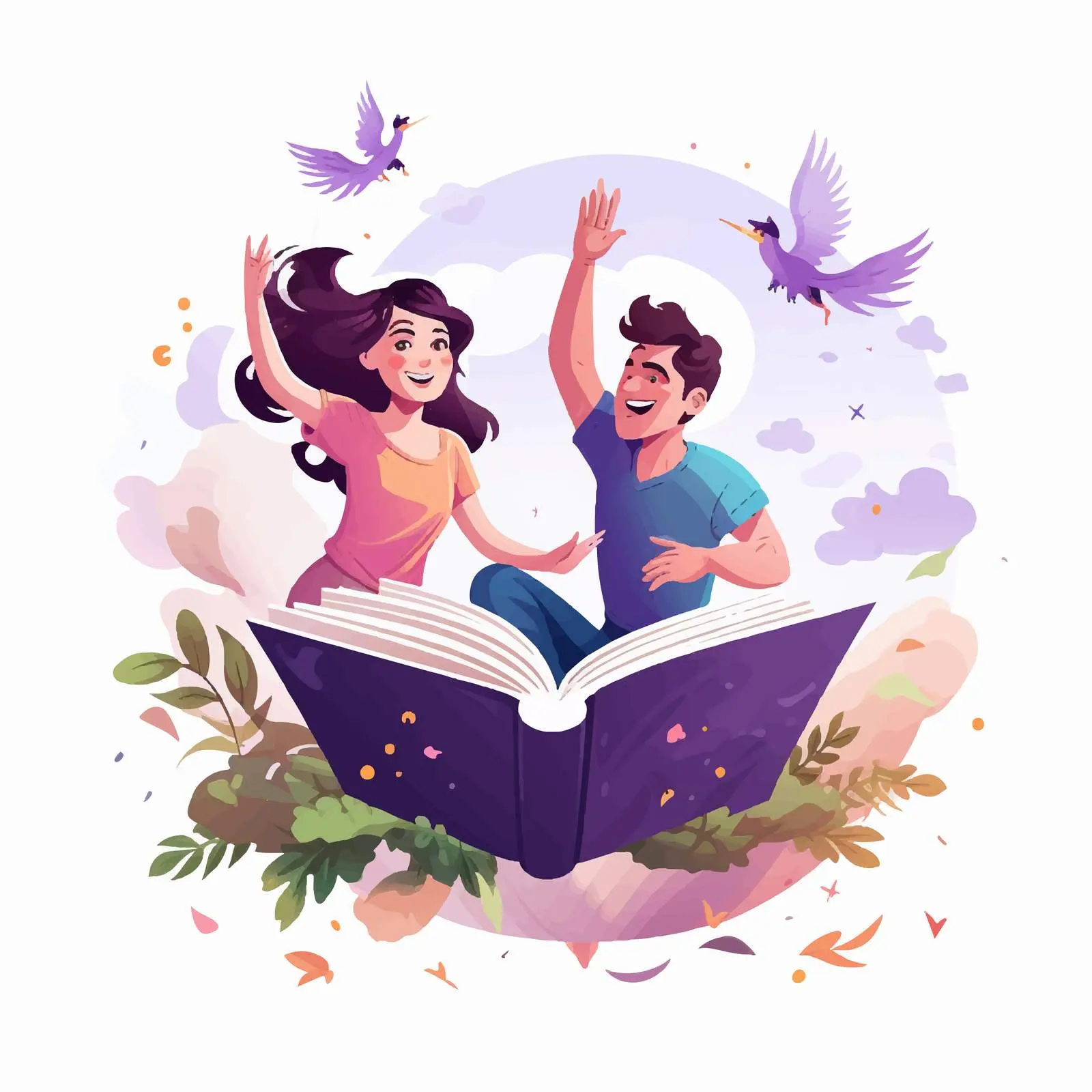 Happy Characters Flying on a Fantasy Book – free escapism image from Dotvec