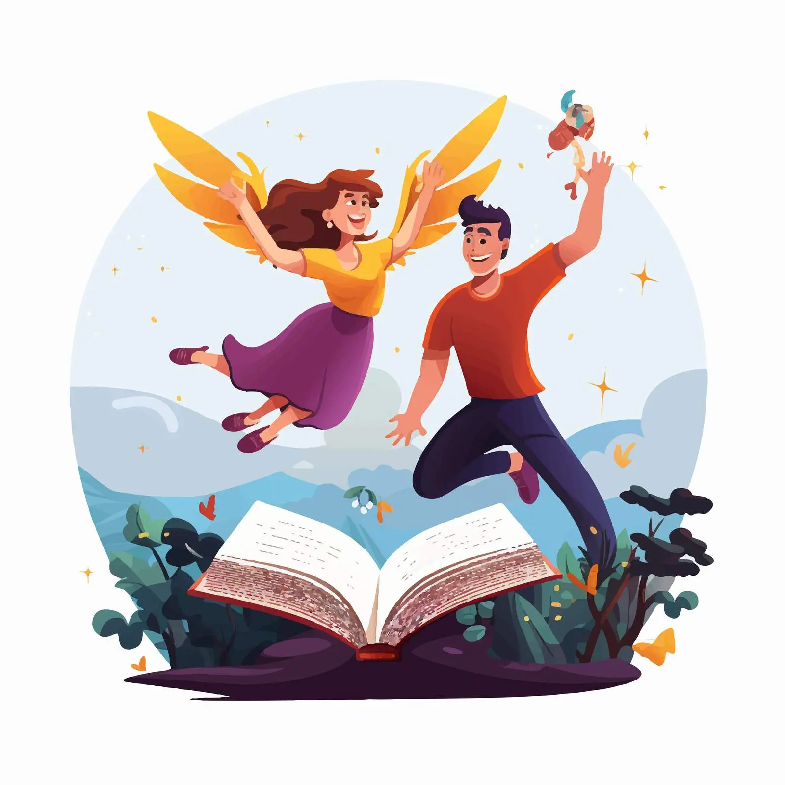 Fantasy Characters Soaring on a Dreamy Book — free download from Dotvec