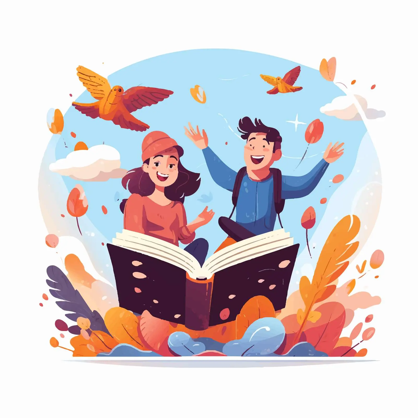 Happy Characters Flying on Fantasy Book — free download from Dotvec