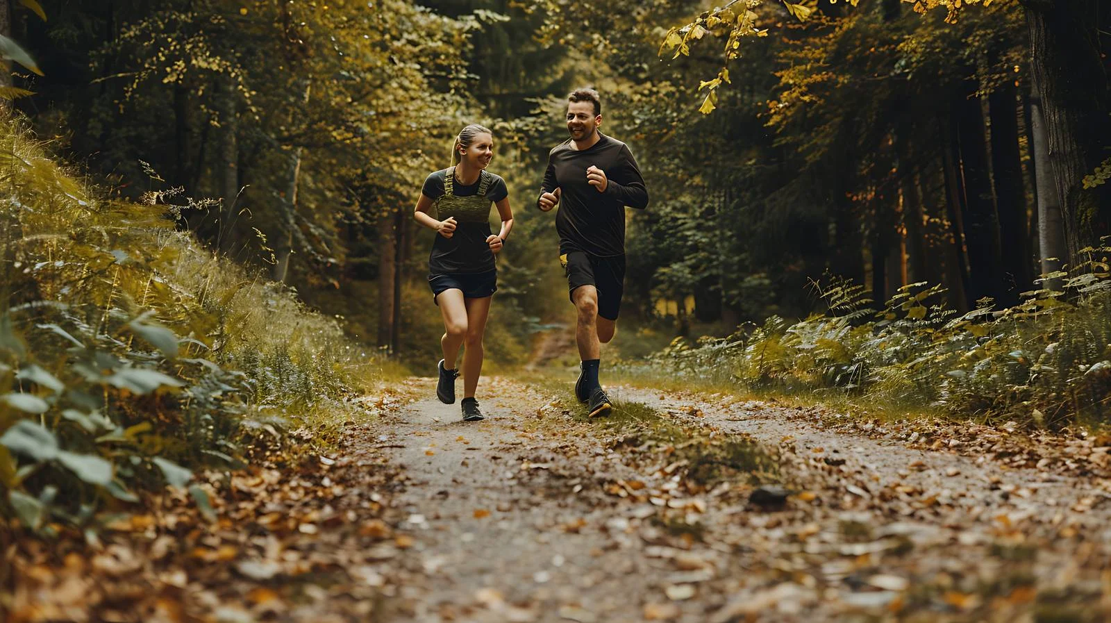 Ecstatic couple plogging in forest clearing — free download from Dotvec