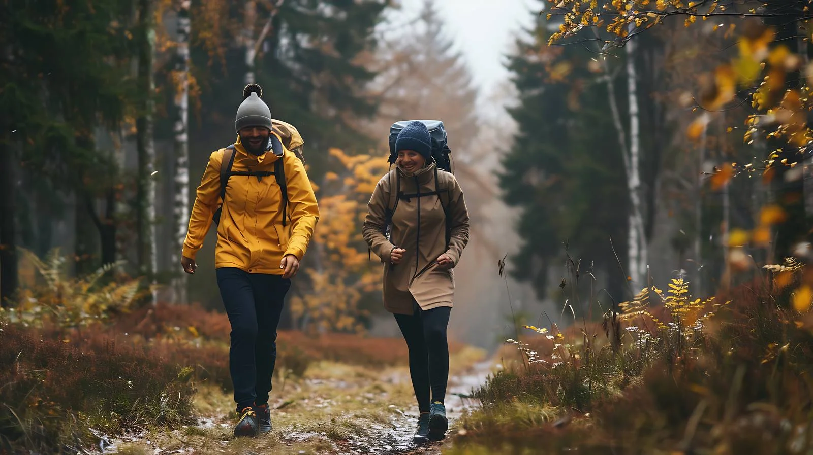 Ecological couple plogging through serene forest — free download from Dotvec