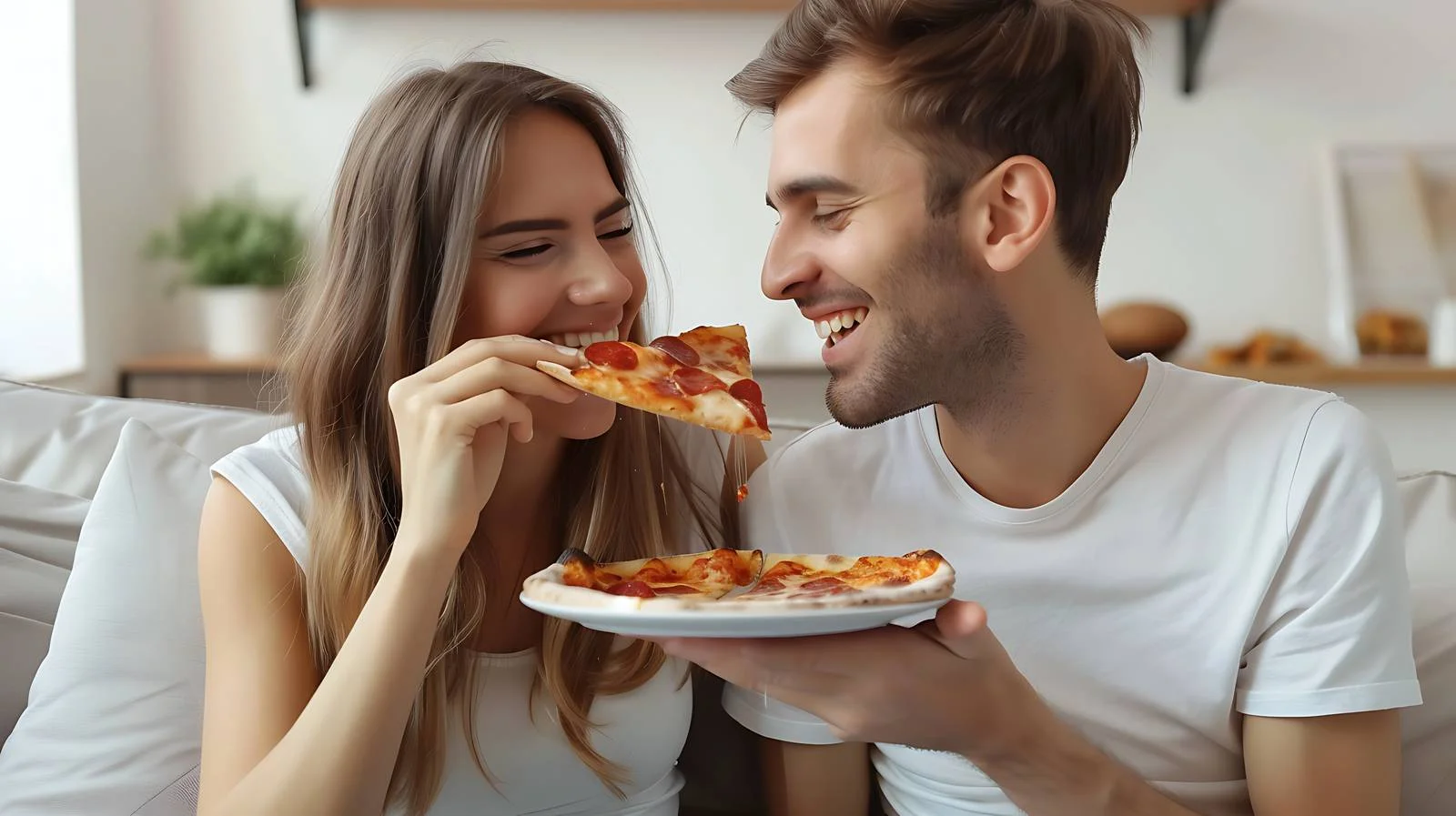 Joyful Couple Sharing Pizza on Couch — free download from Dotvec