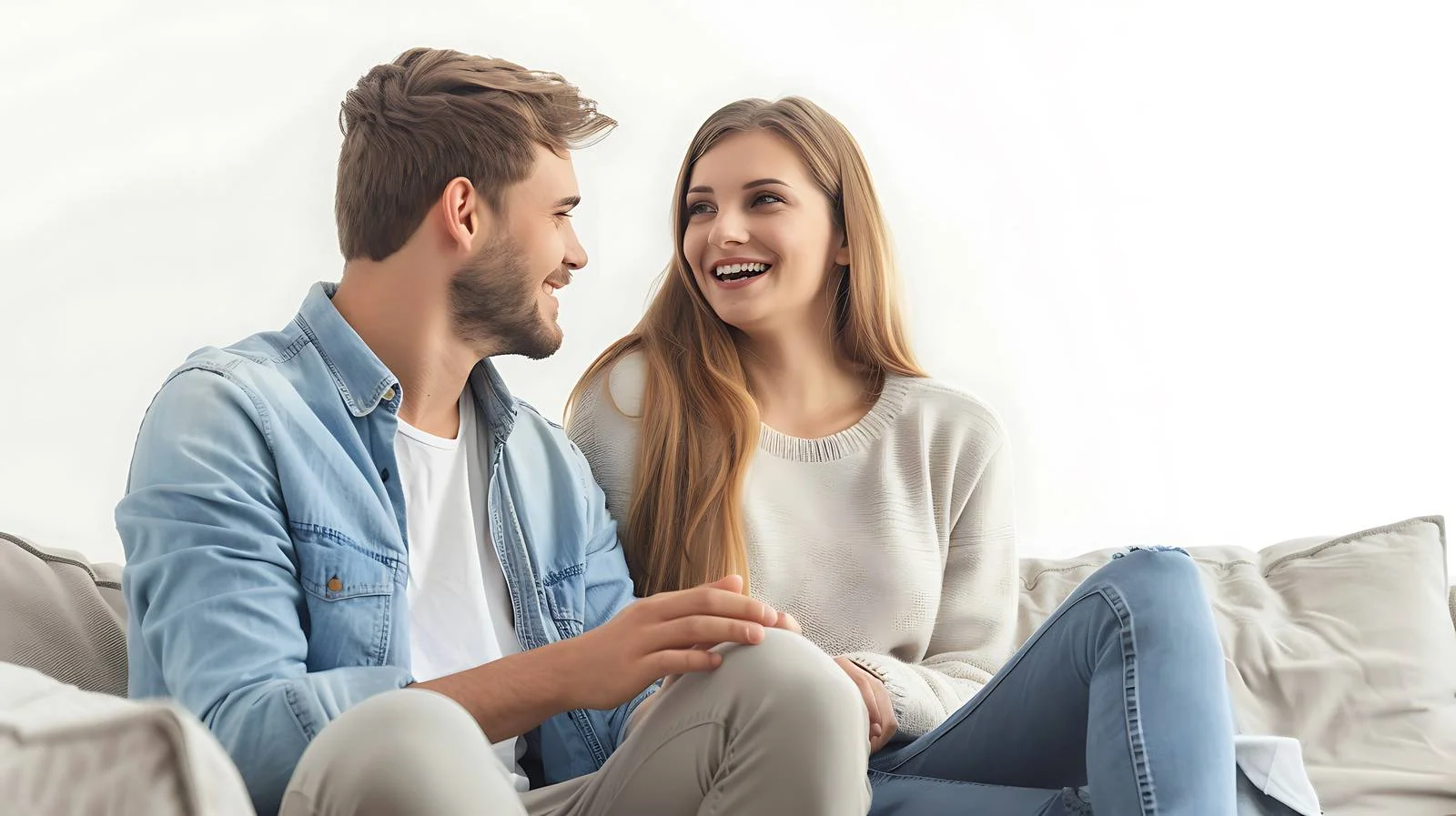 Relaxed Couple Chatting on White Couch — free download from Dotvec