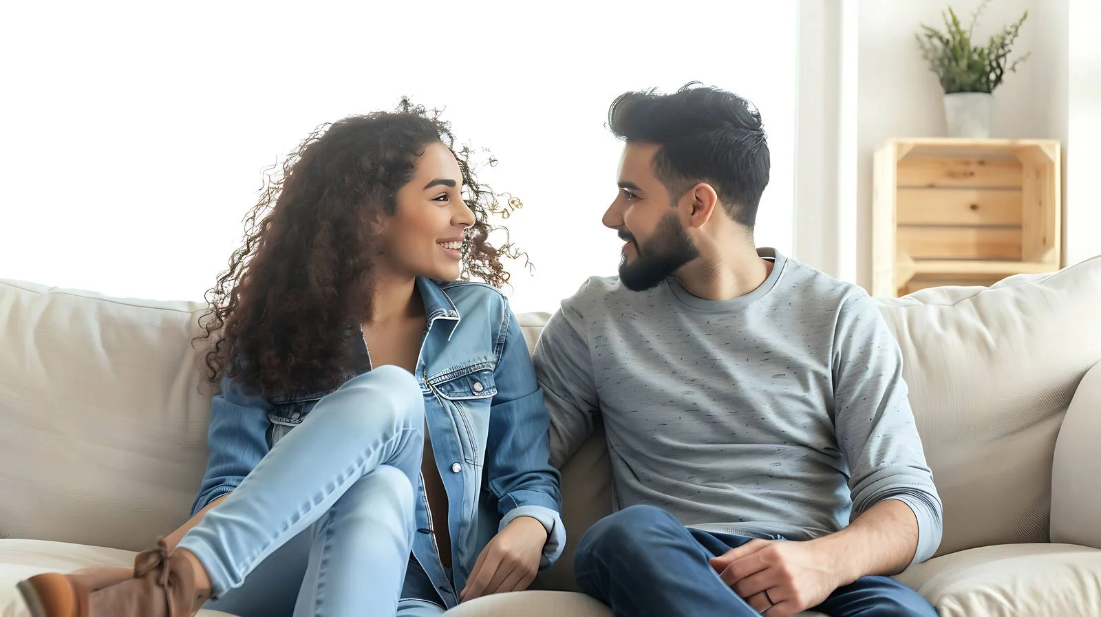 Relaxed Couple Conversation on White Sofa — free download from Dotvec