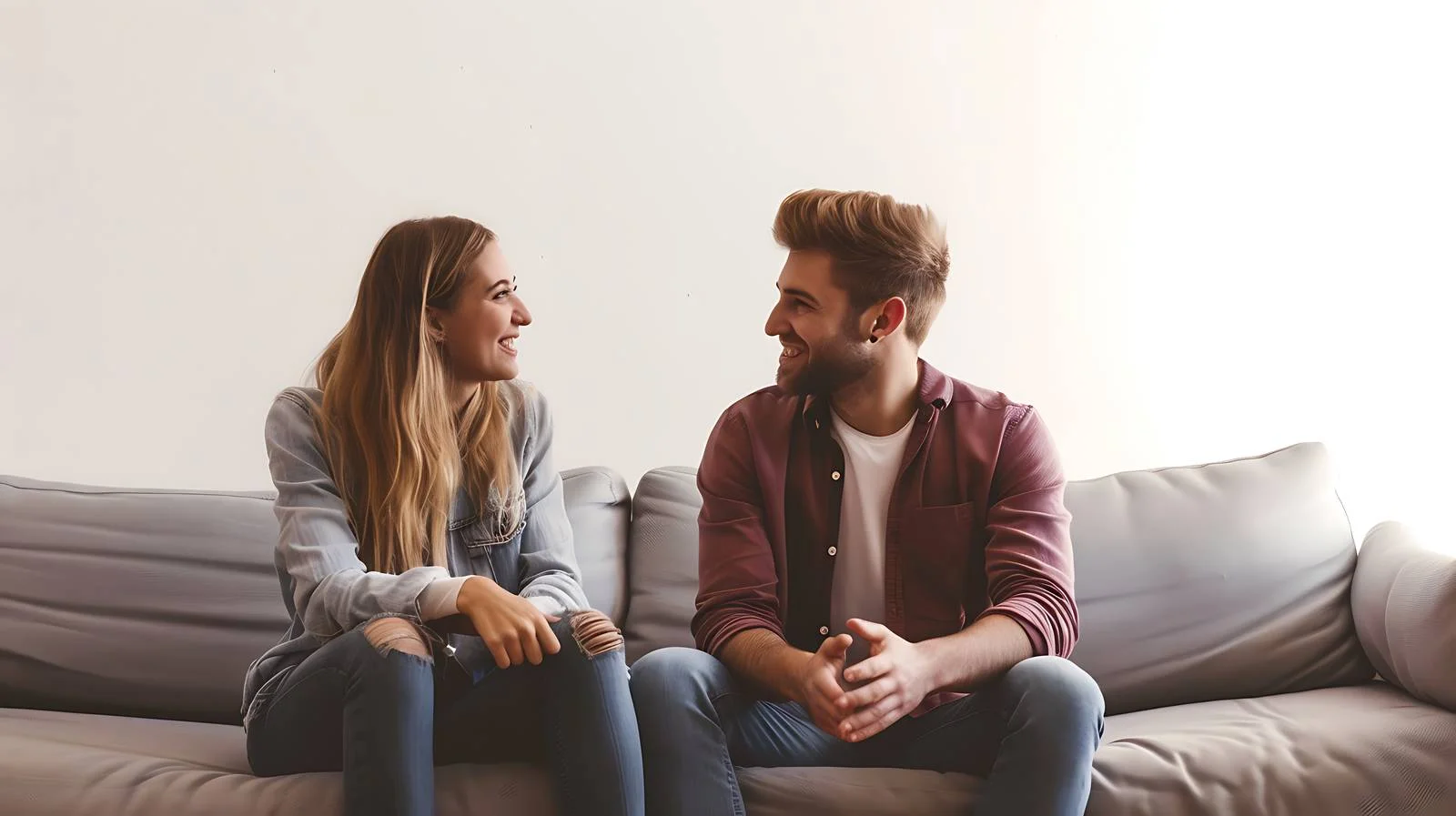 Cozy Couple Chatting on White Couch — free download from Dotvec