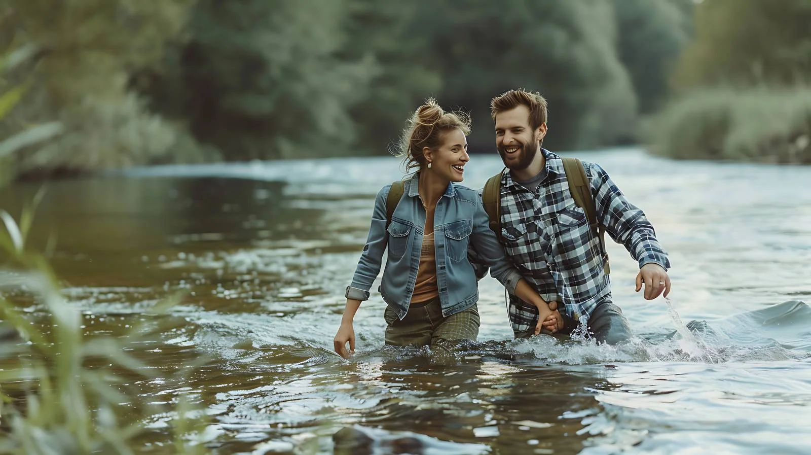 Joyful pair wading in river panorama — free download from Dotvec