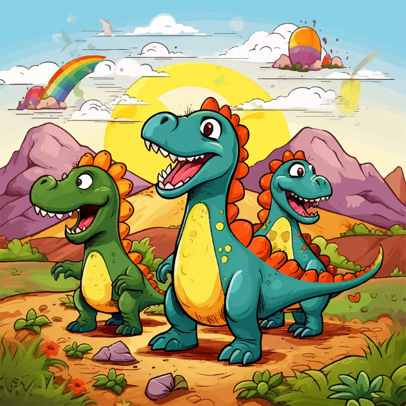 Happy Dinosaurs in Vibrant Landscape Vector — free download from Dotvec