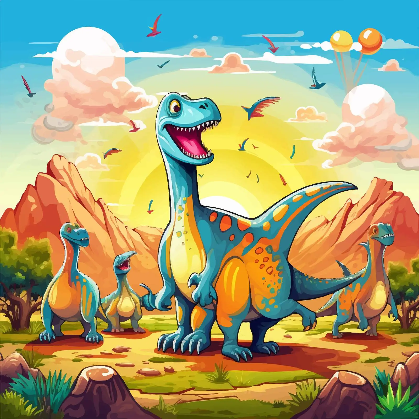 Happy Dinosaurs in Colorful Landscape Vectors — free download from Dotvec