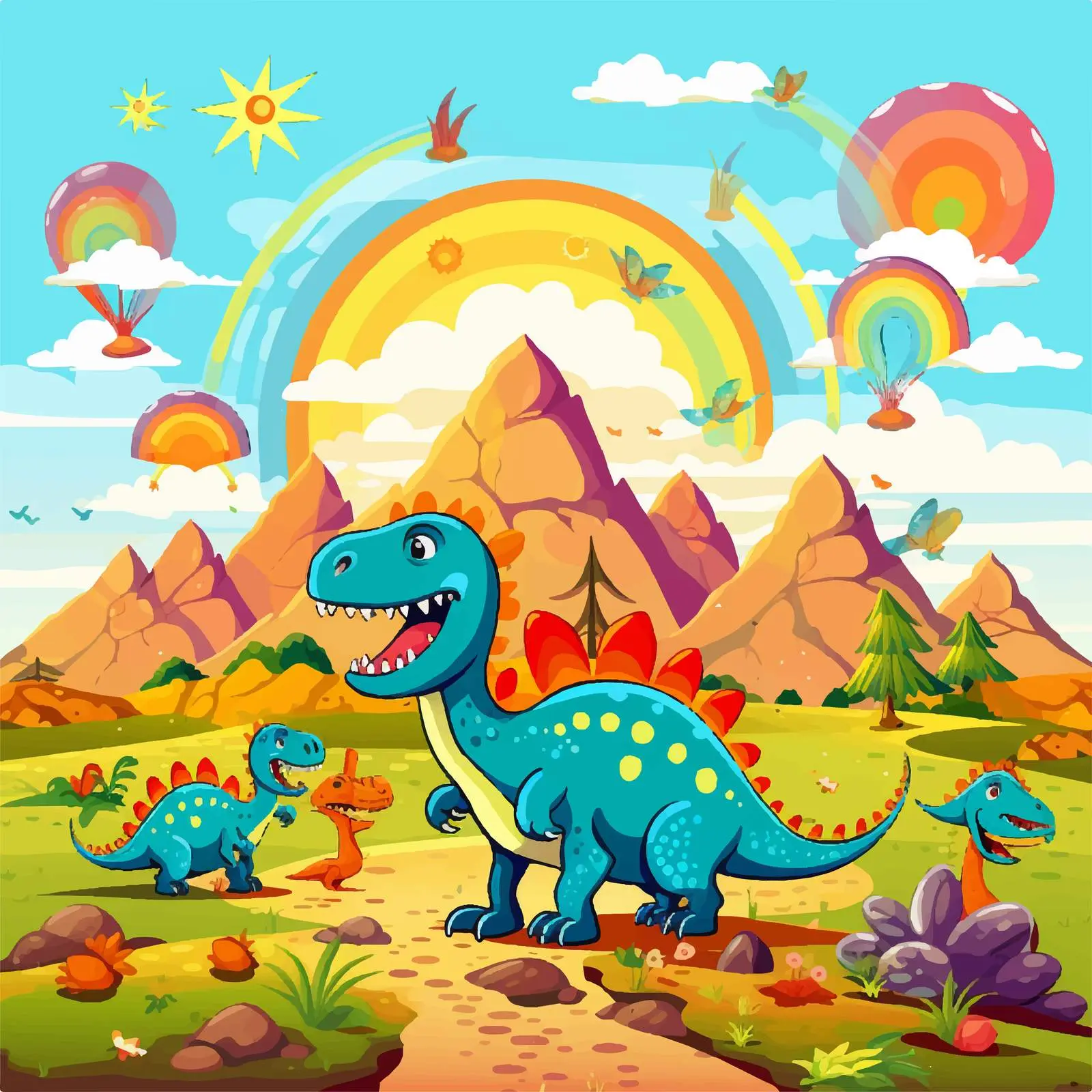 Happy Dinosaurs in Vibrant Landscape Vector — free download from Dotvec