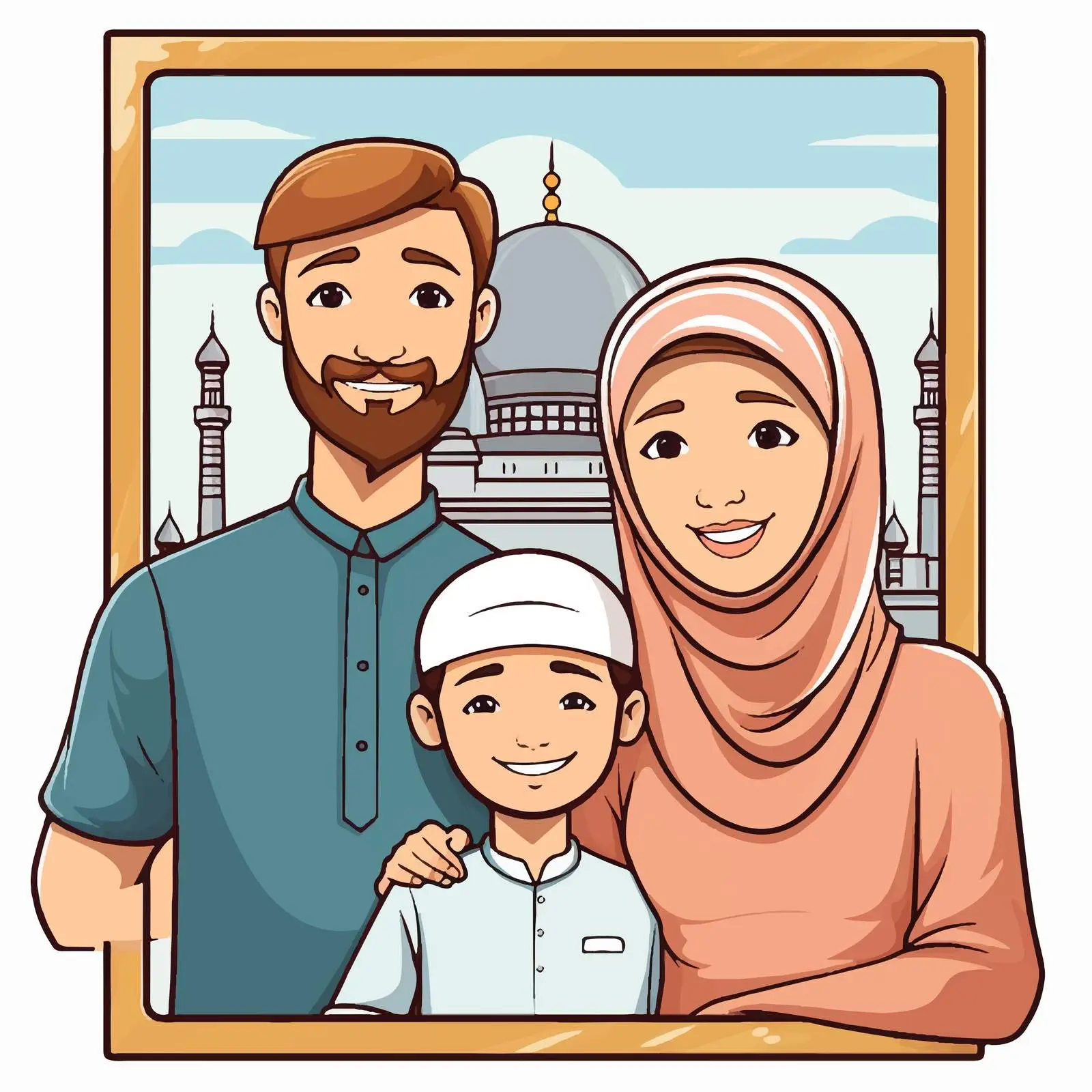Happy Family with Mosque Photo Frame – free islamic architecture image from Dotvec
