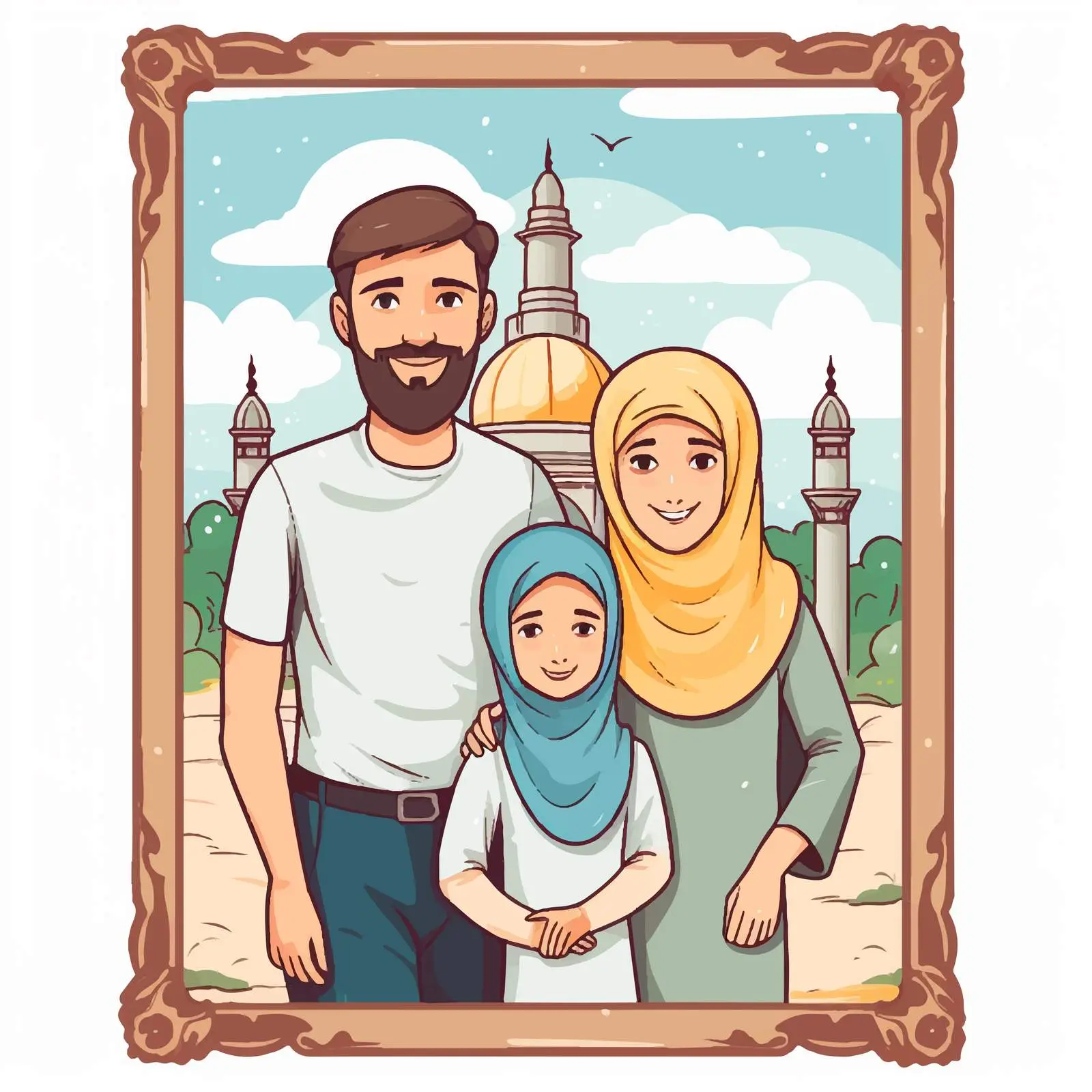 Family Holding Photo Frame with Mosque Background – free islamic architecture image from Dotvec