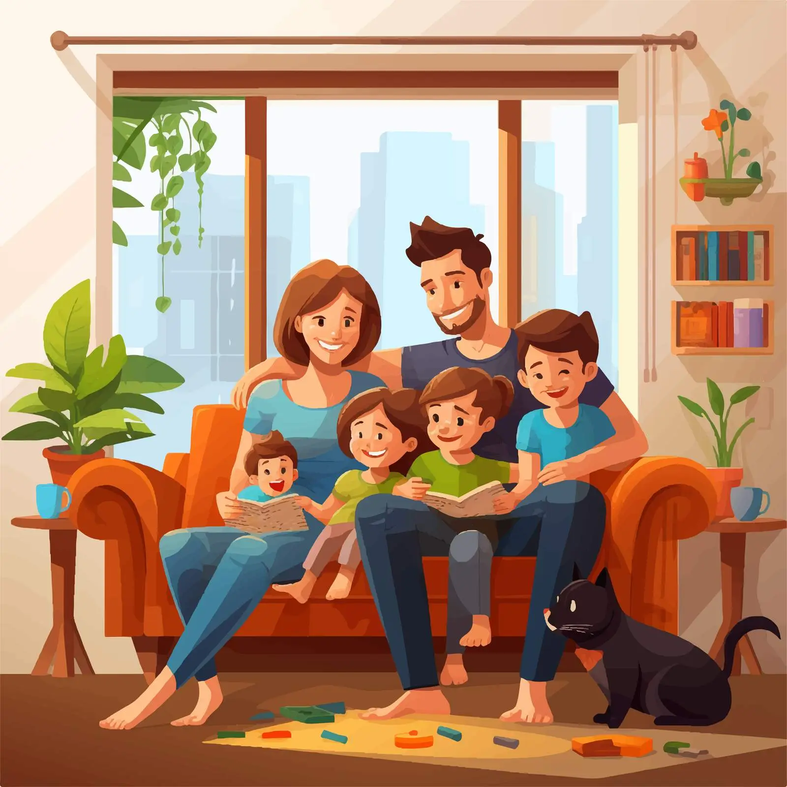 Happy Family in Living Room Illustration — free download from Dotvec