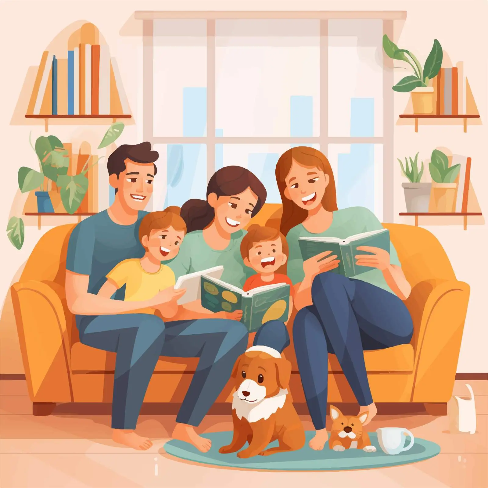 Happy Family in Living Room Vector Illustration — free download from Dotvec