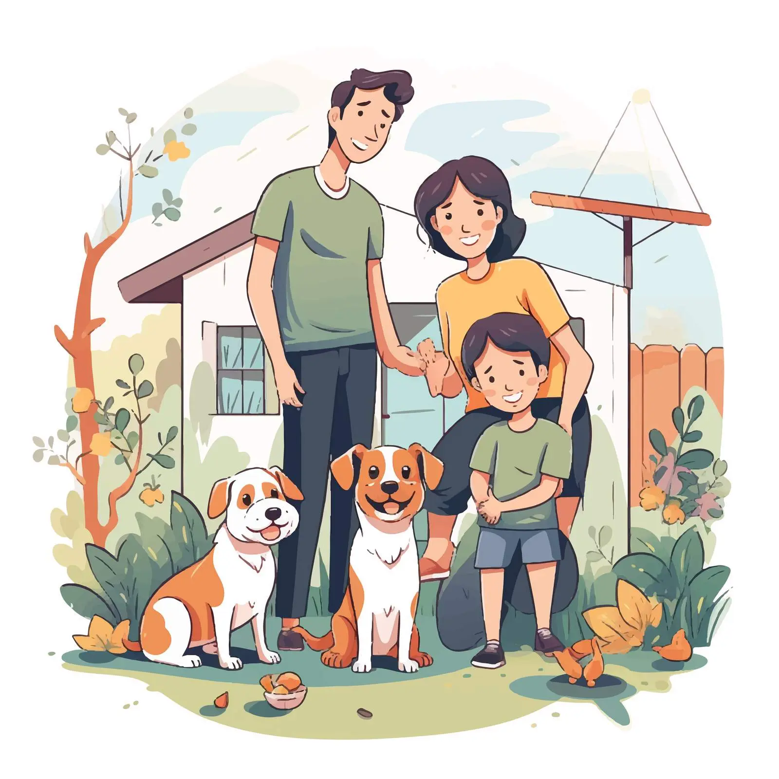 Happy Family with Pets Outside Home Illustration — free download from Dotvec