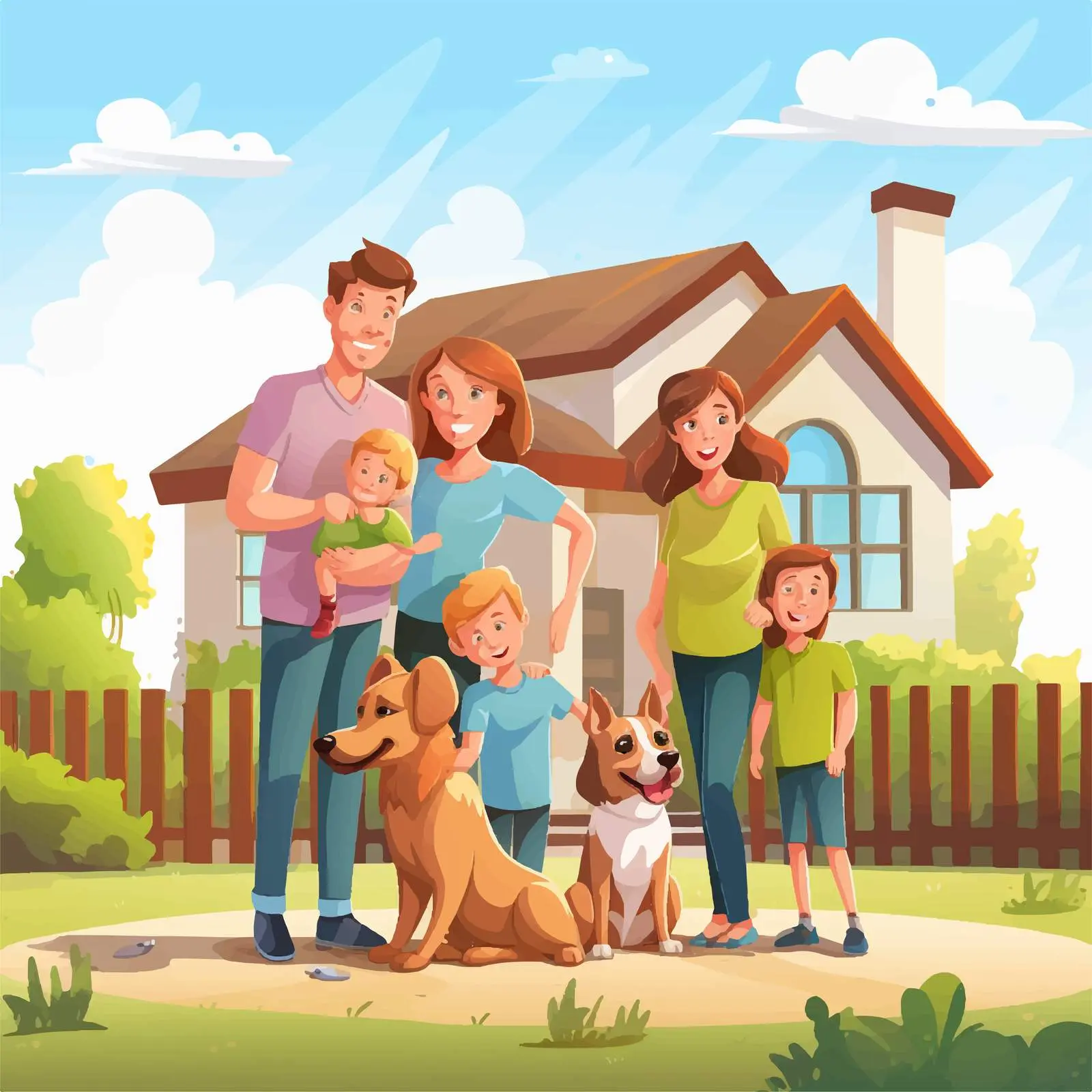 Happy Family with Pets Outside Home Illustration — free download from Dotvec