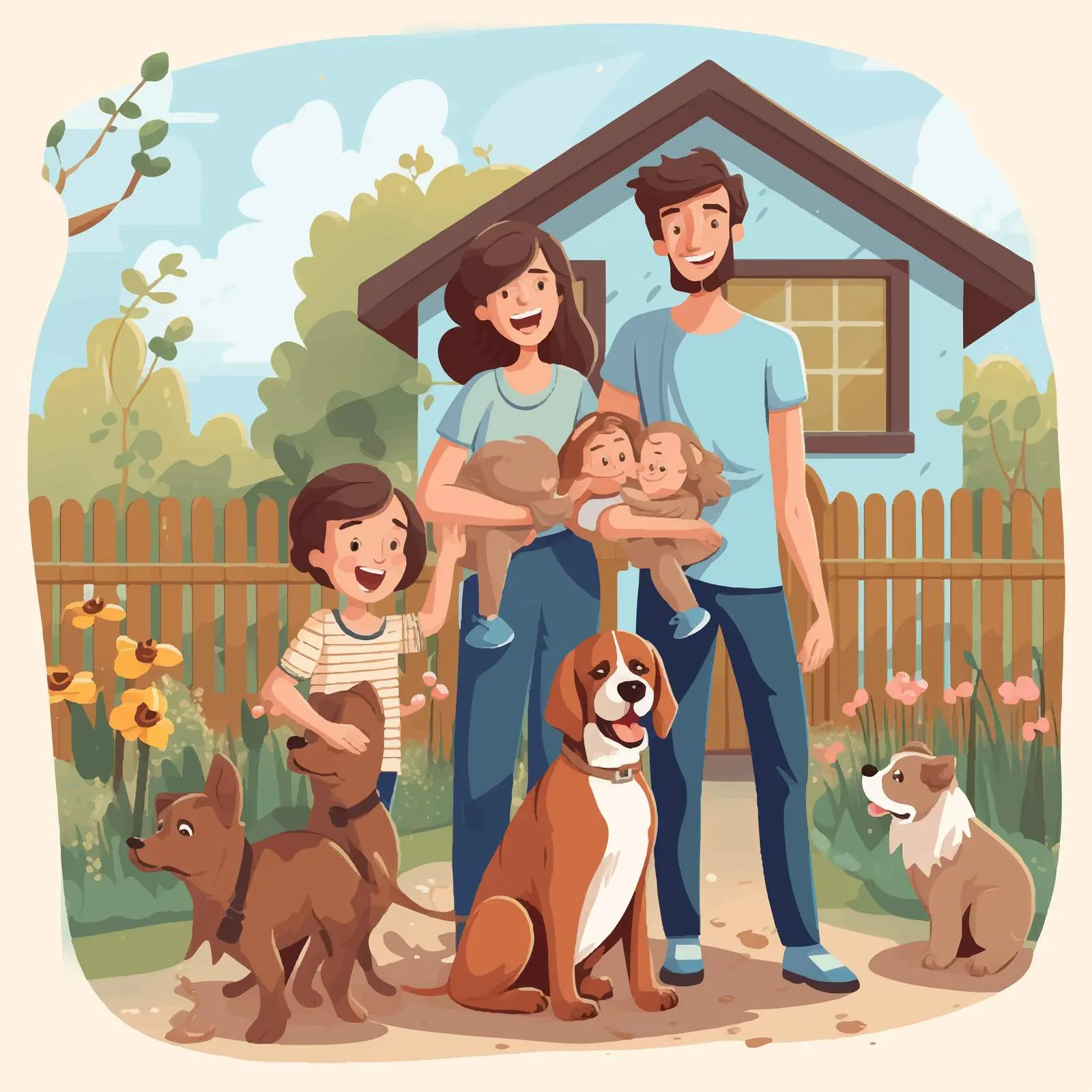 Happy Family with Pets Outside Home Illustration — free download from Dotvec