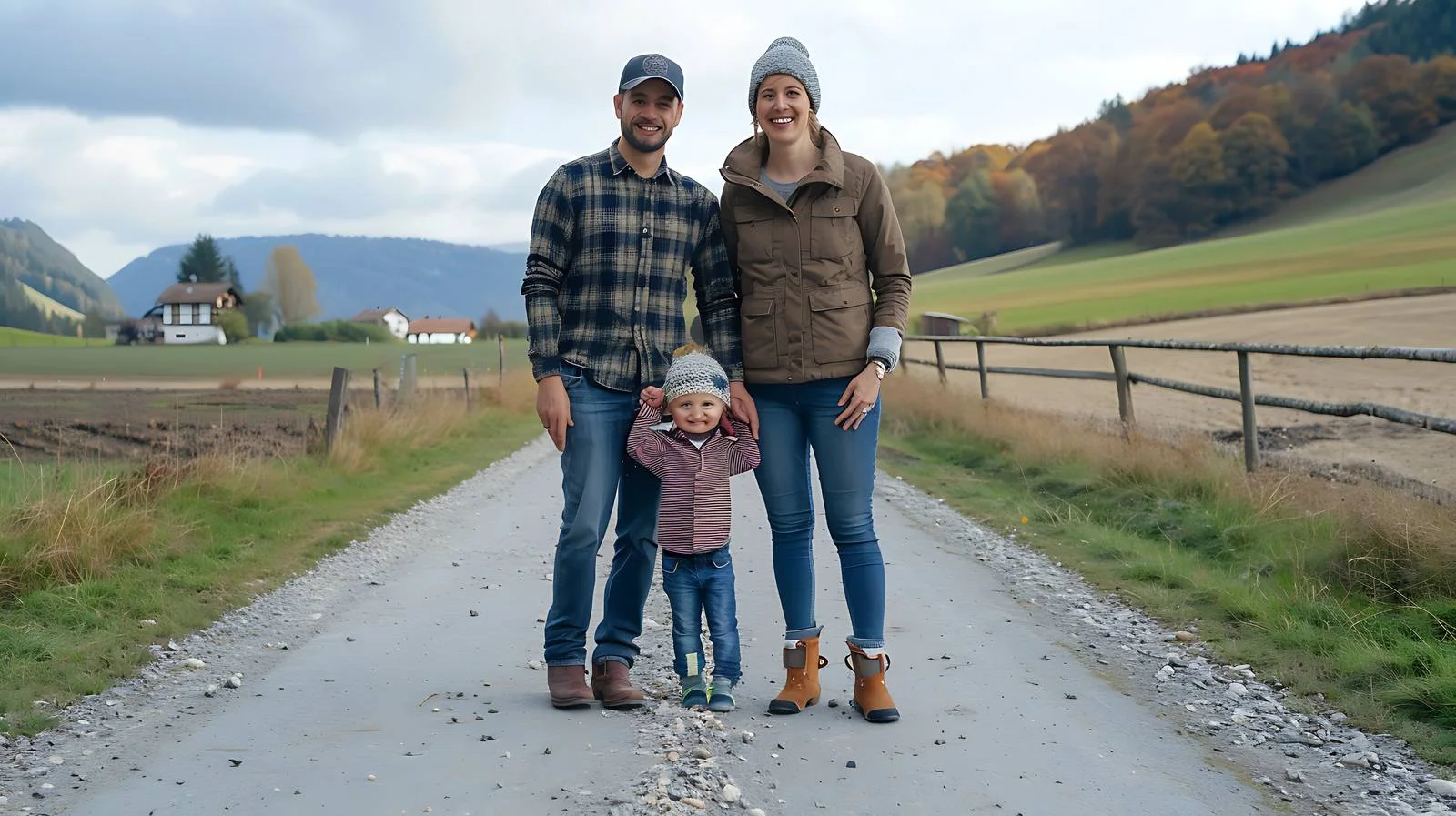 Joyful family with young boy on rural road — free download from Dotvec