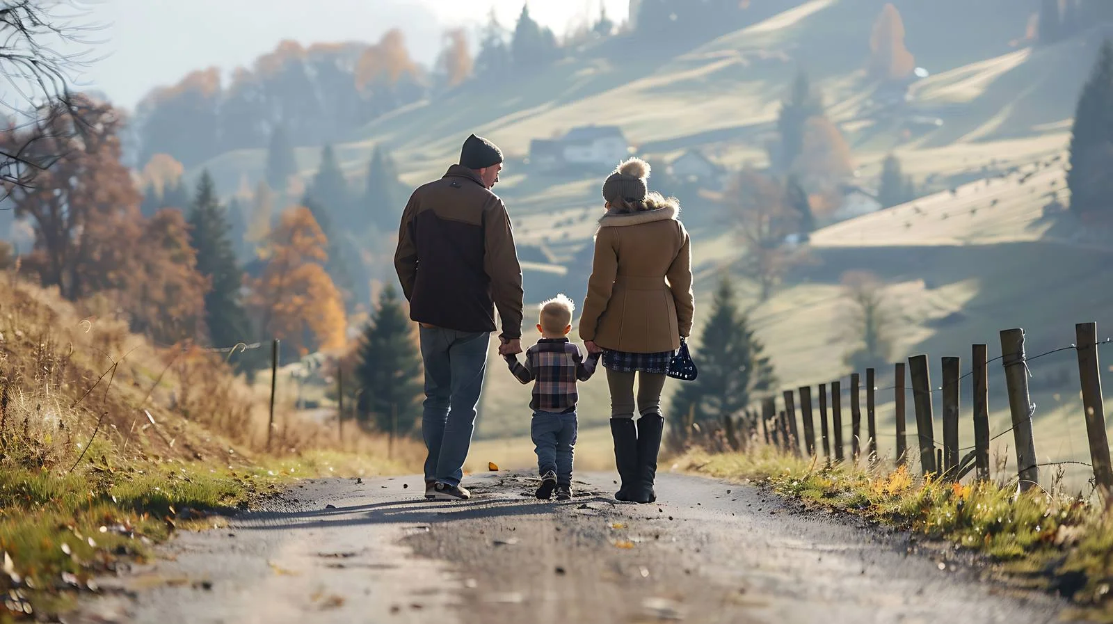 Joyful family with young son on rural road — free download from Dotvec