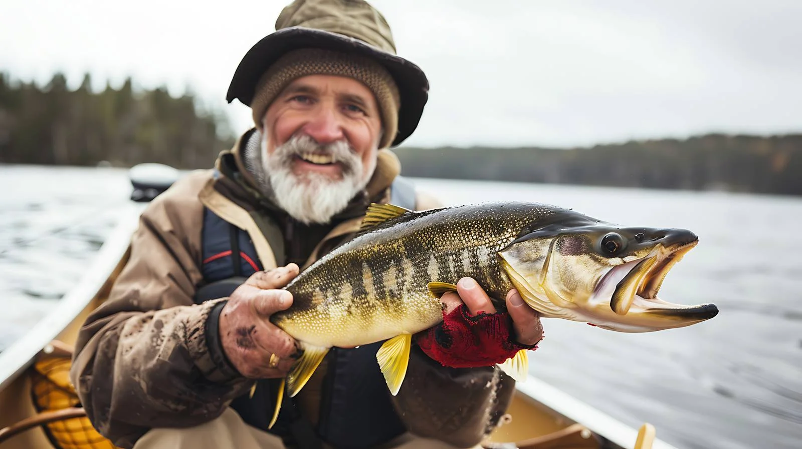 Joyful angler in boat with prized fish — free download from Dotvec