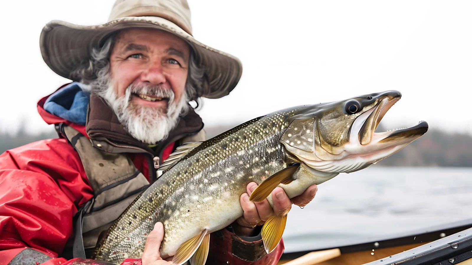 Joyful fisherman catches fresh walleye from canoe — free download from Dotvec