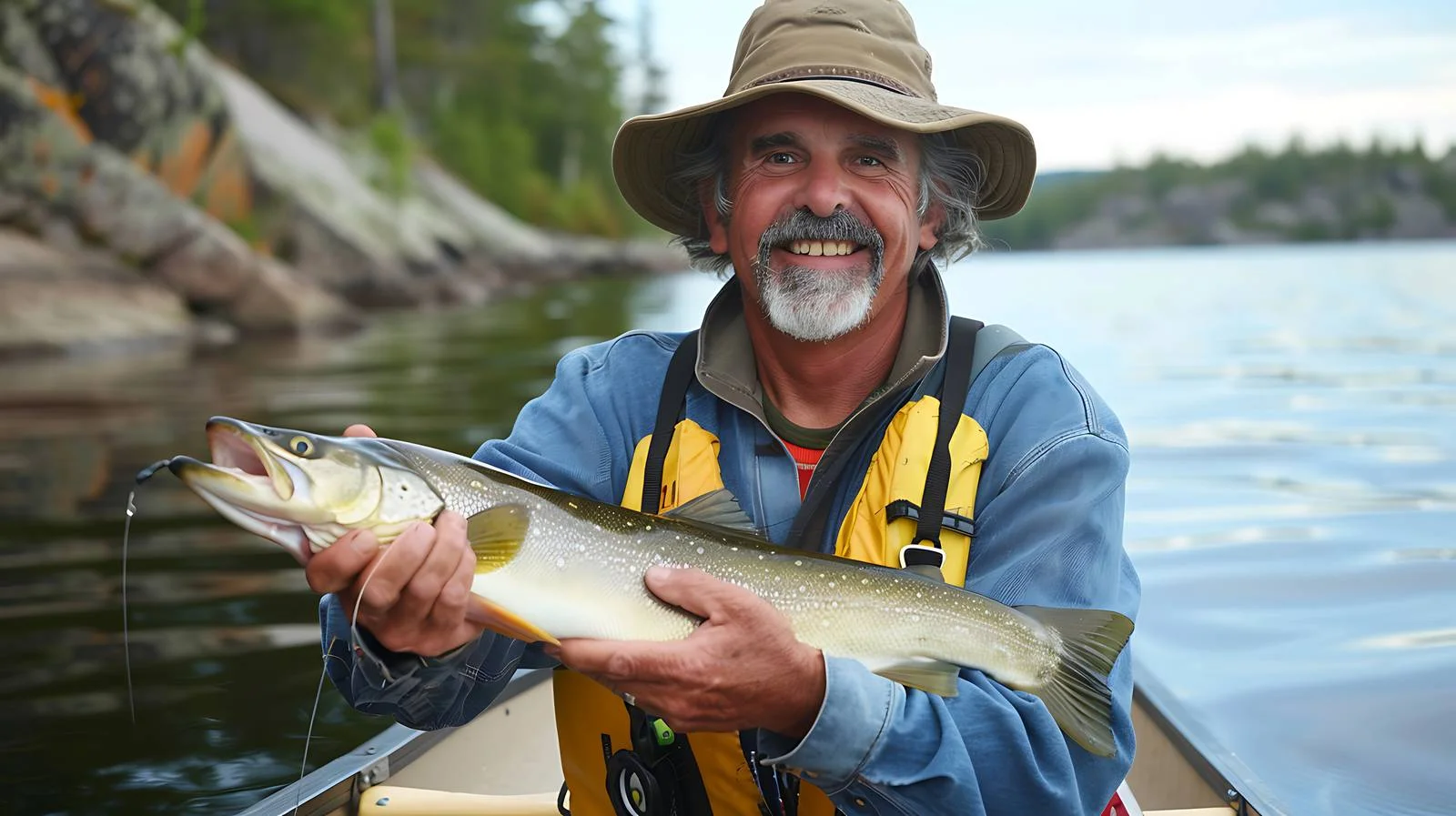 Smiling fisherman in boat with big walleye — free download from Dotvec