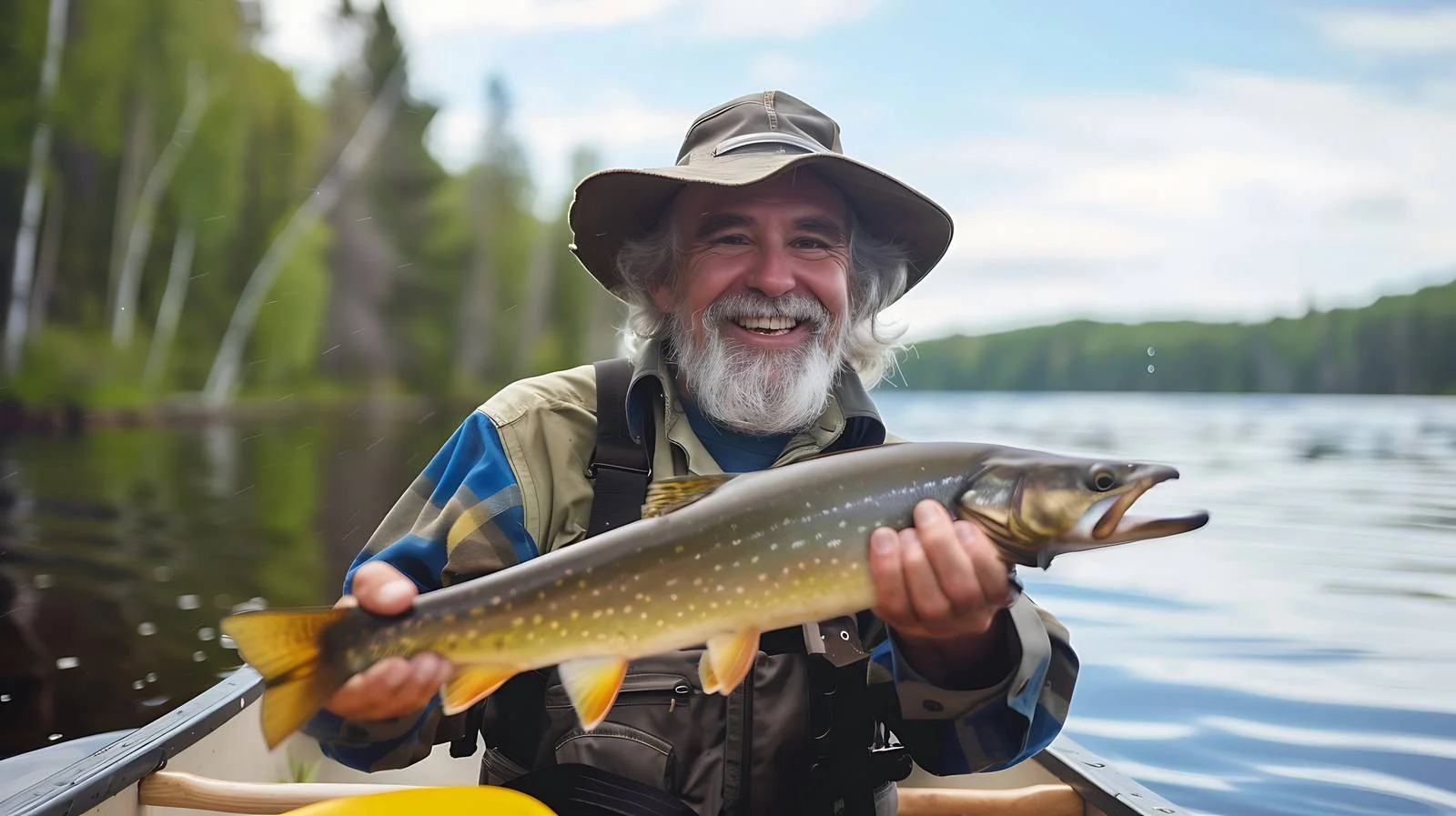 Smiling angler in boat displays captured walleye — free download from Dotvec