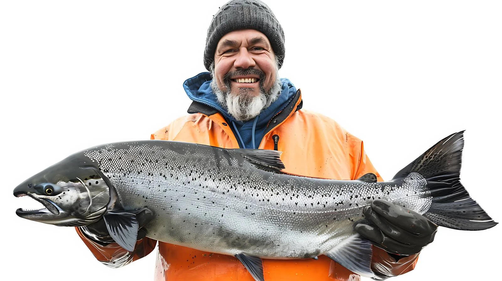 Joyful fisherman with large silver salmon catch — free download from Dotvec