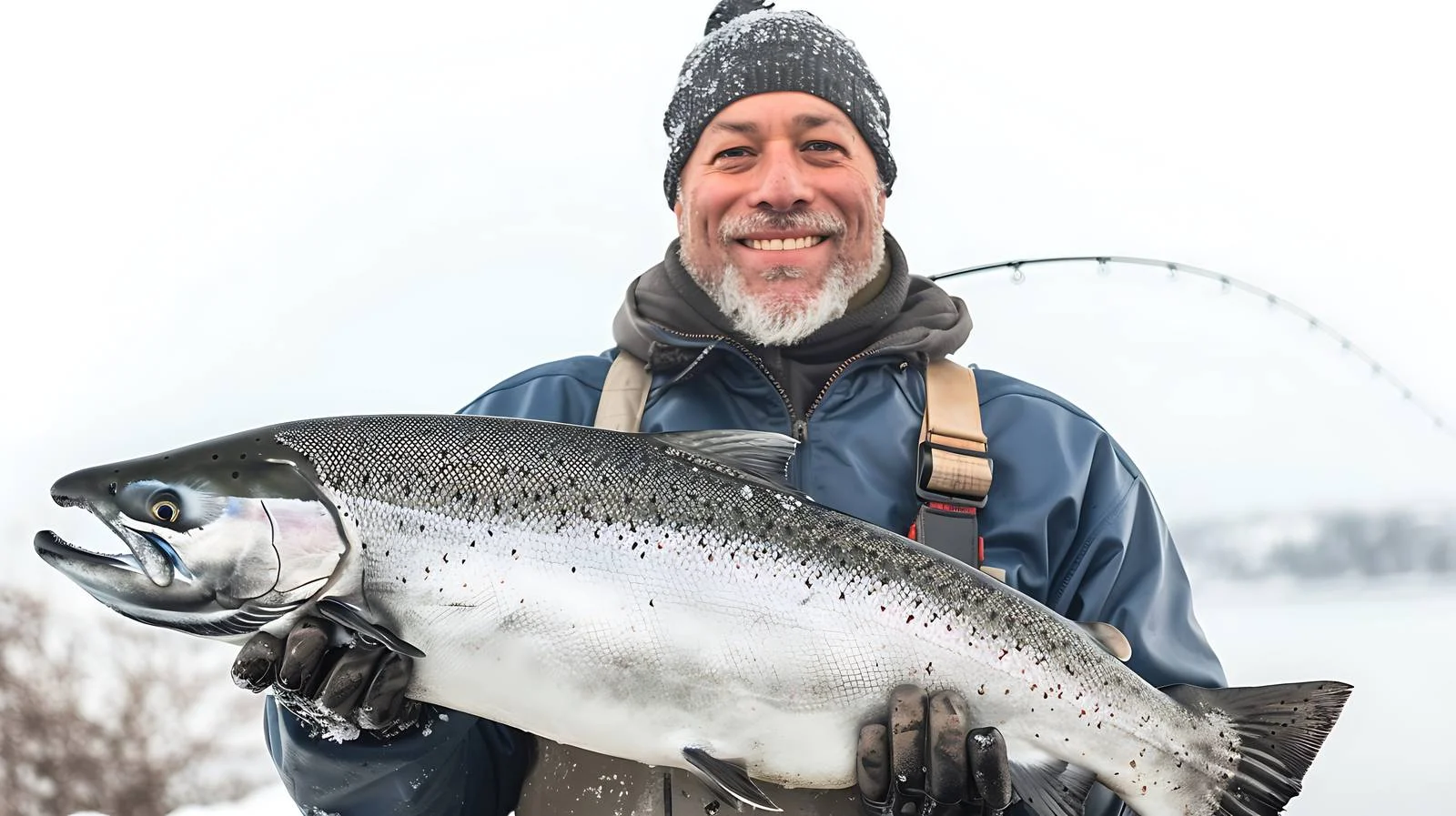 Cheerful fisherman with large silver salmon catch — free download from Dotvec