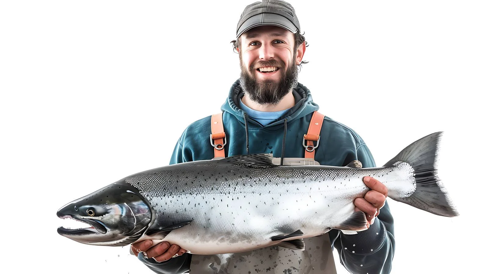 Cheerful fisherman with large silver salmon catch — free download from Dotvec