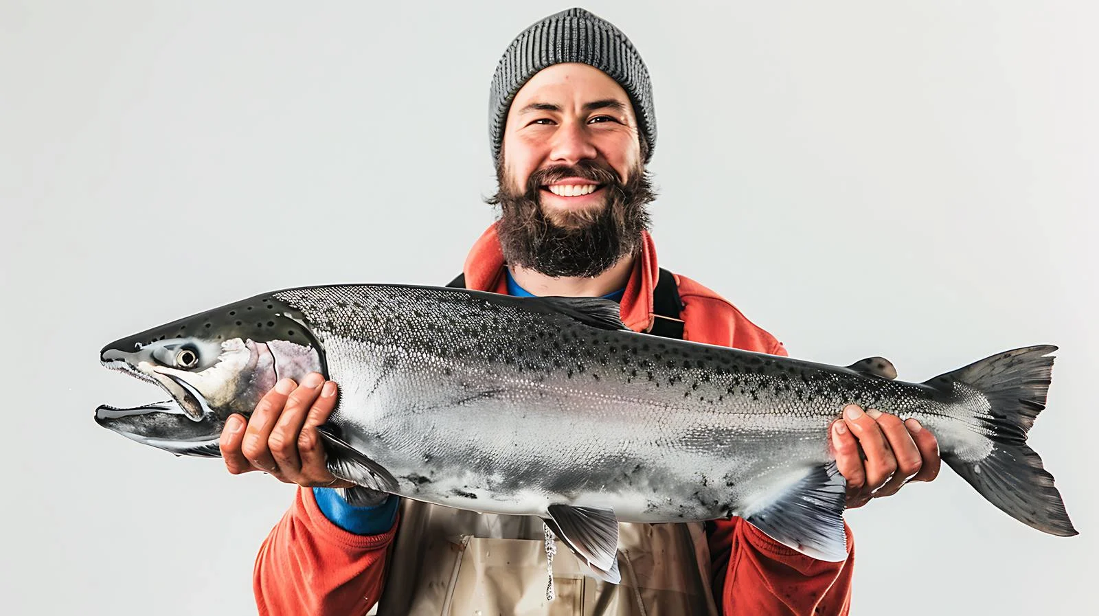 Joyful fisherman with sizable silver salmon — free download from Dotvec