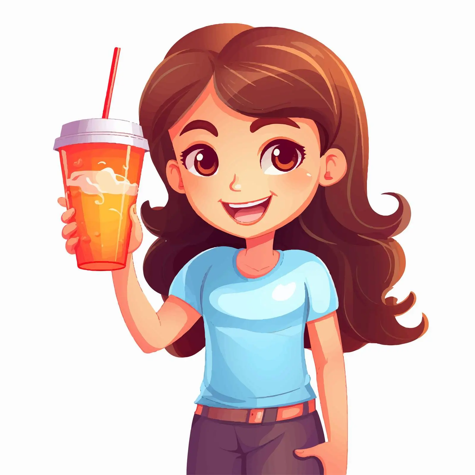 Happy Cartoon Girl with Drink in Plastic Cup — free download from Dotvec
