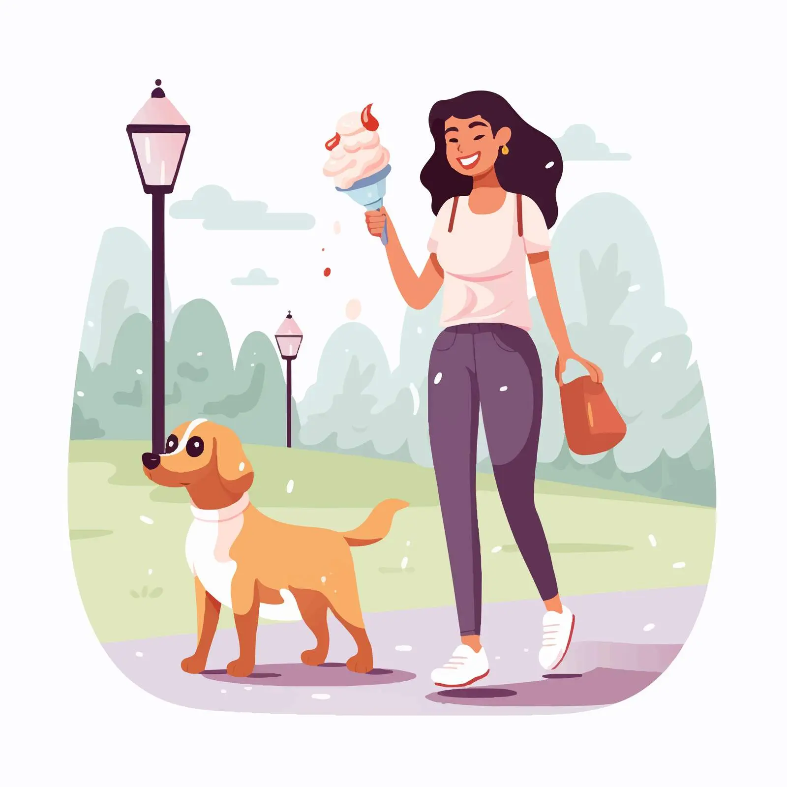 Happy Girl with Ice Cream and Dog in Summer Park – free dog walking image from Dotvec