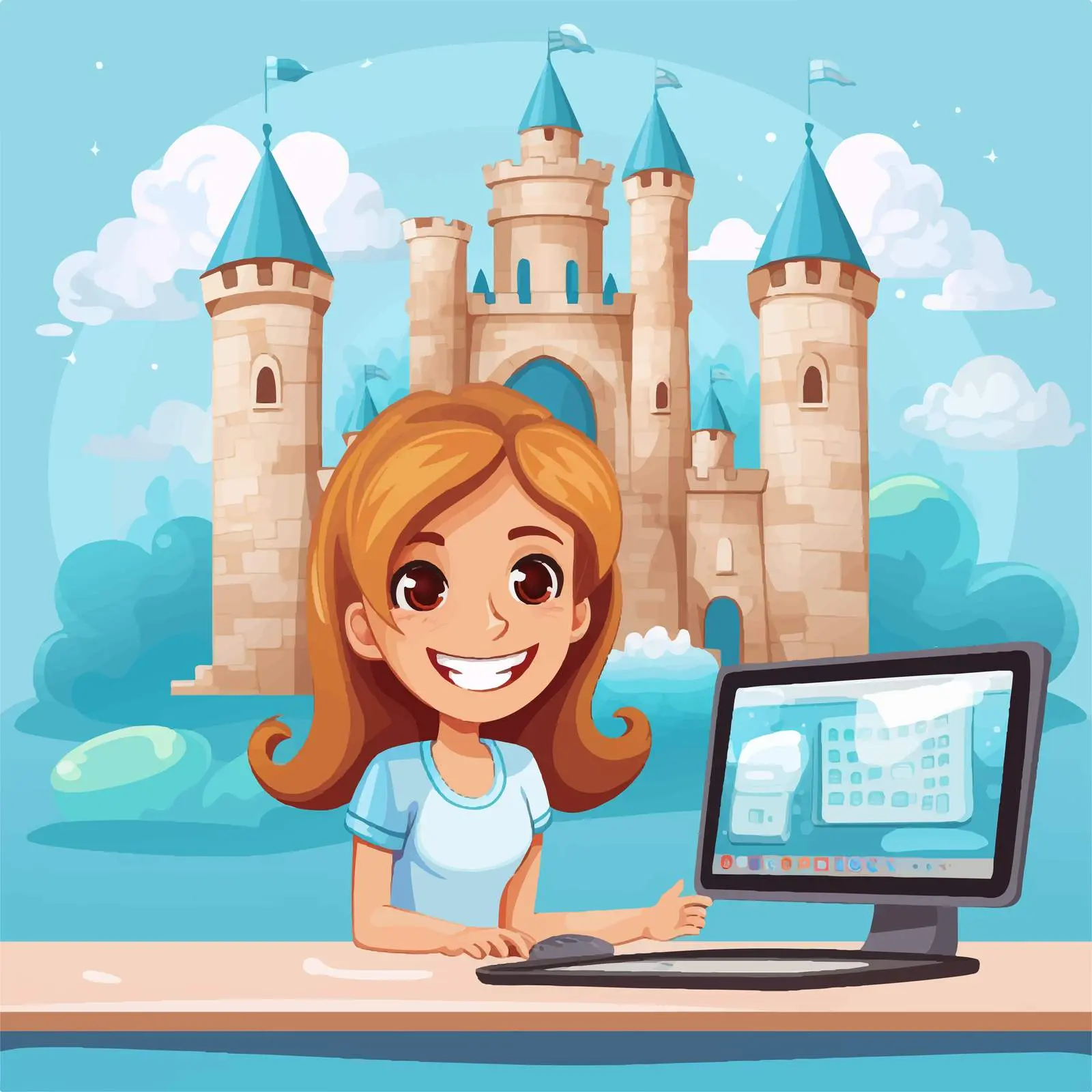 Happy Girl with Computer and Castle Background — free download from Dotvec