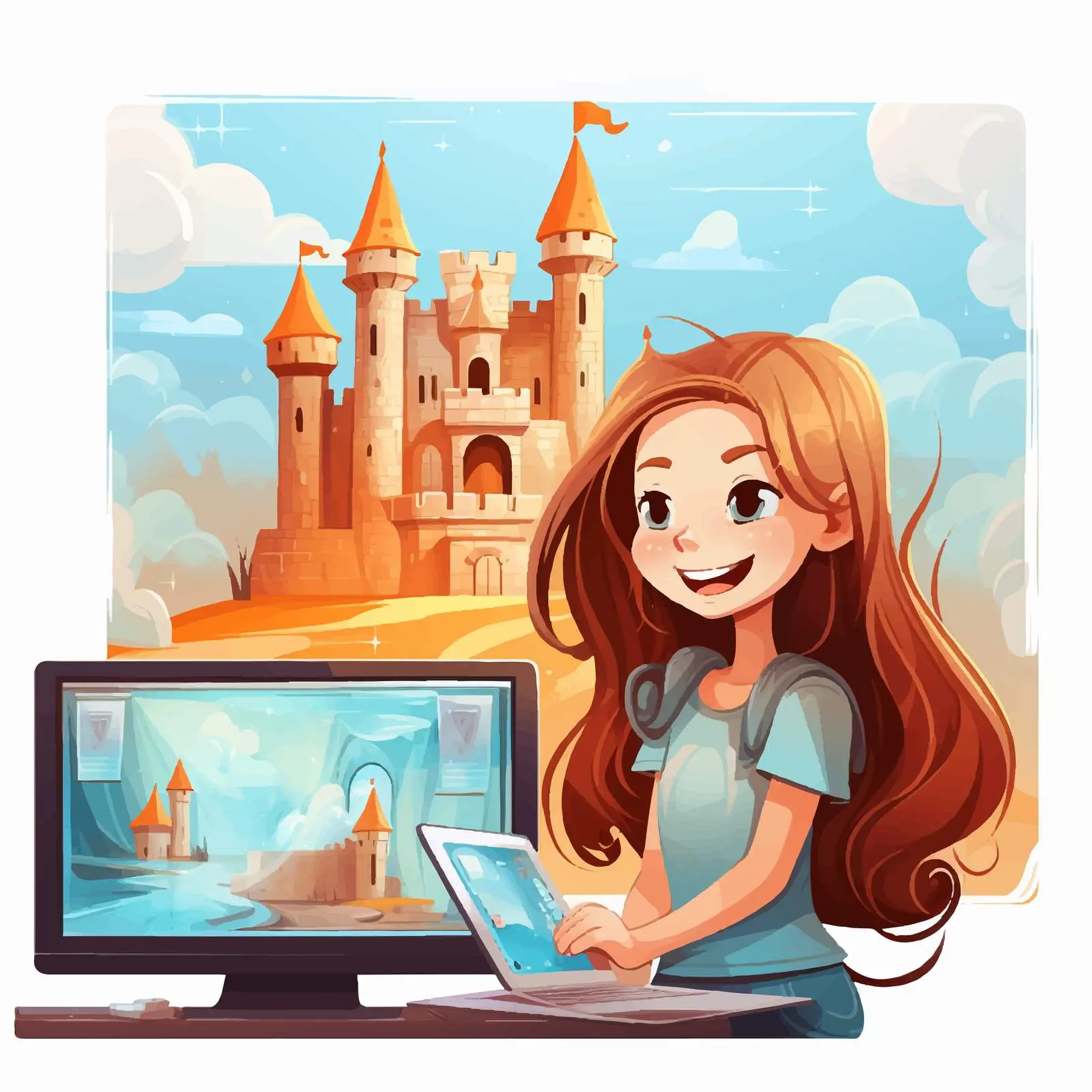 Happy Girl by Computer with Castle Background — free download from Dotvec
